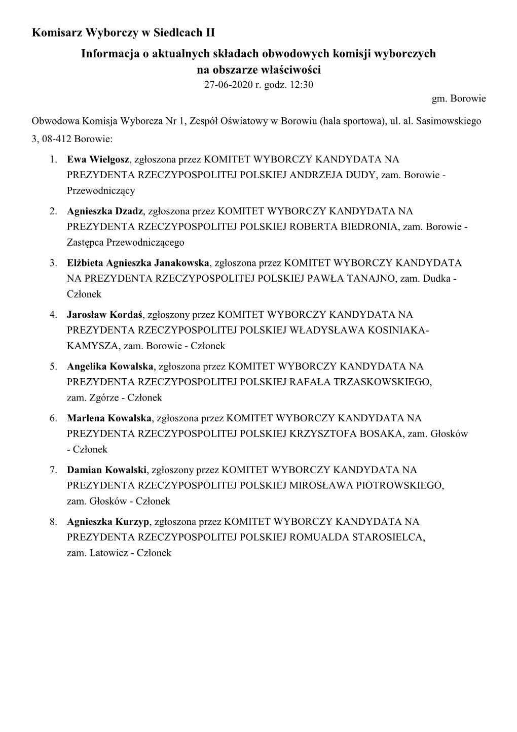 Komisarz Wyborczy W Siedlcach II Informacja O Aktualnych Składach Obwodowych Komisji Wyborczych Na Obszarze Właściwości 27-06-2020 R