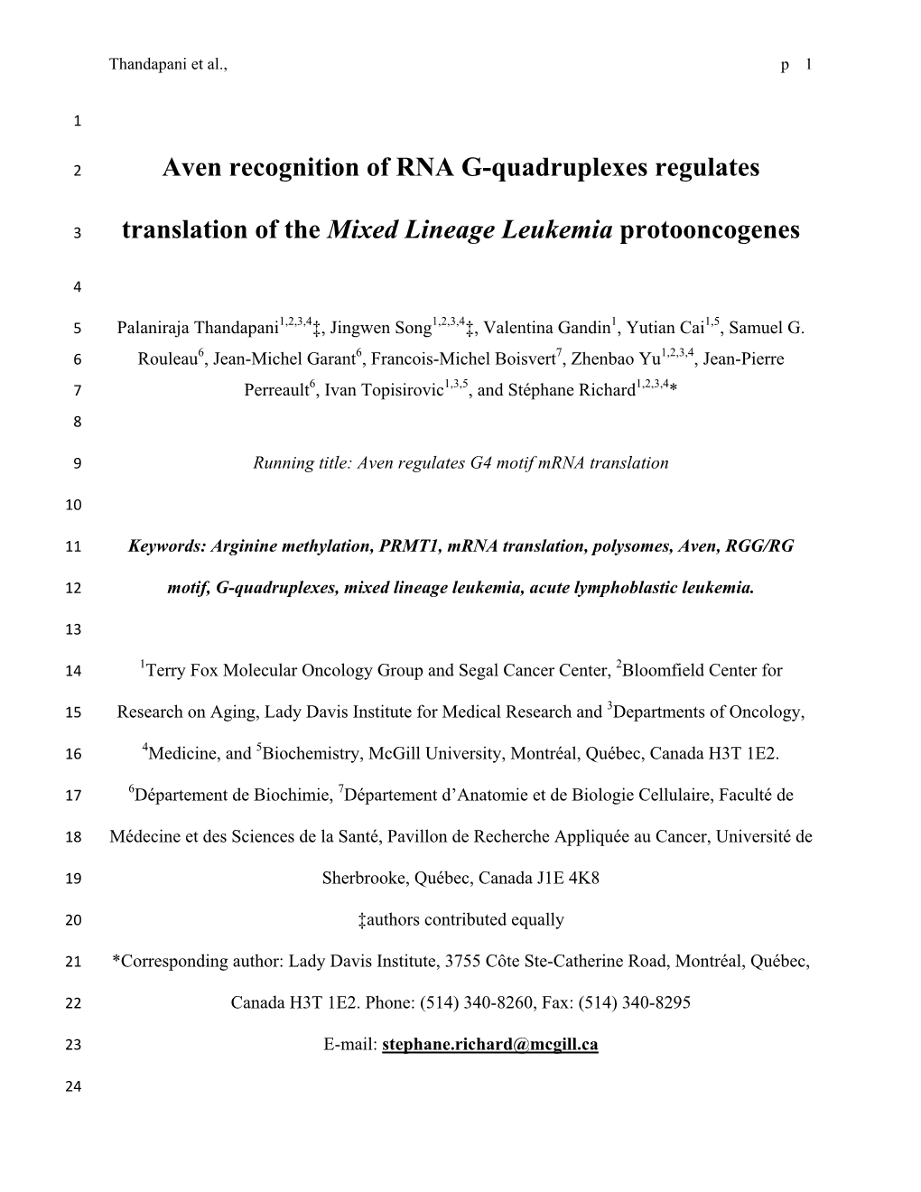 Aven Recognition of RNA G-Quadruplexes Regulates