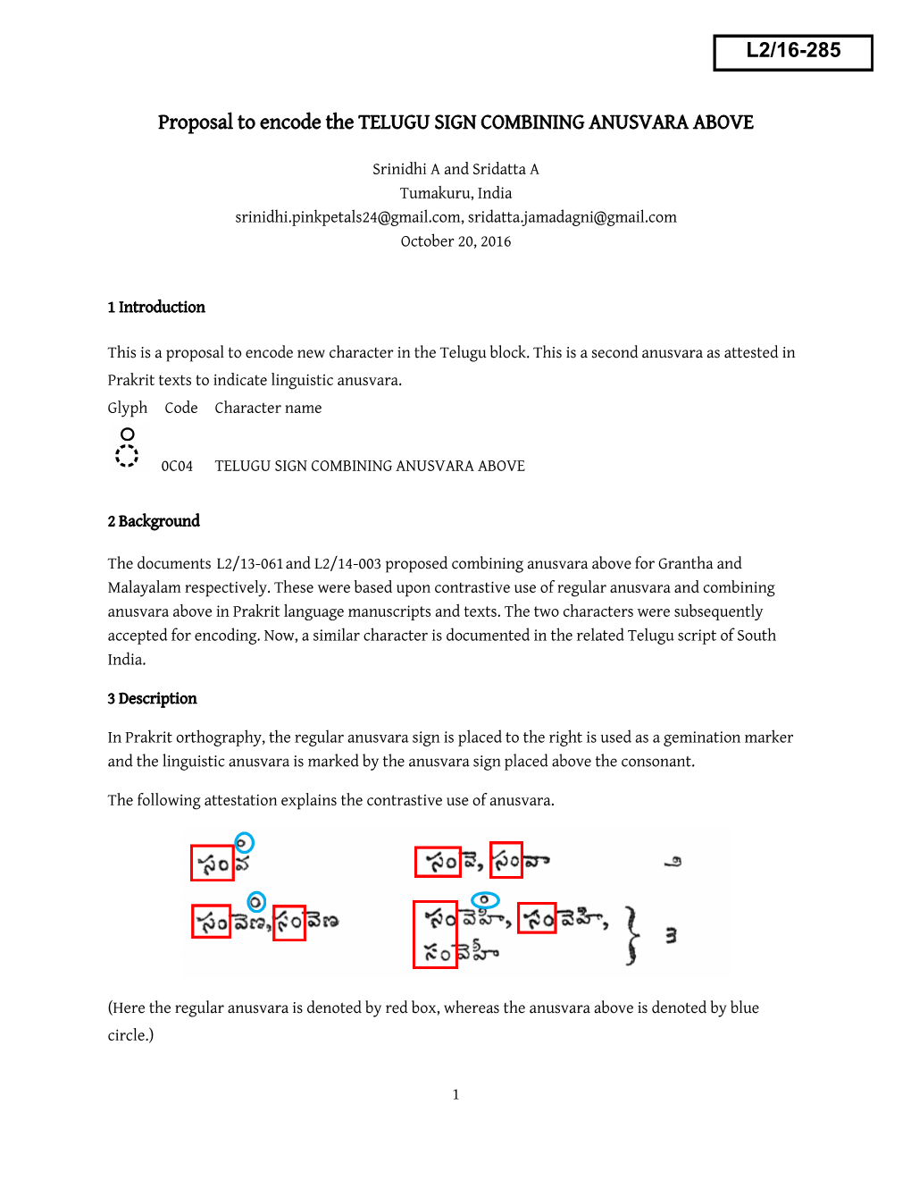 Proposal to Encode the TELUGU SIGN COMBINING ANUSVARA ABOVE