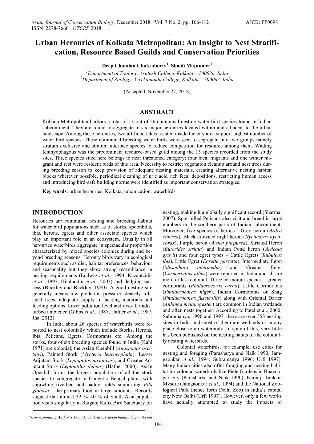 Urban Heronries of Kolkata Metropolitan: an Insight to Nest Stratifi- Cation, Resource Based Guilds and Conservation Priorities