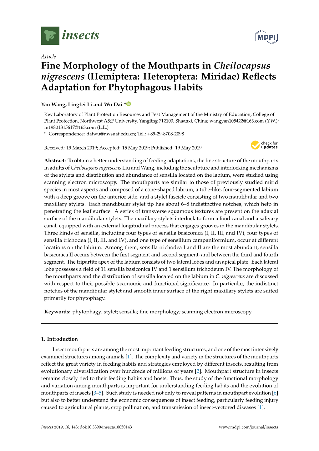 Fine Morphology of the Mouthparts in Cheilocapsus Nigrescens (Hemiptera: Heteroptera: Miridae) Reﬂects Adaptation for Phytophagous Habits