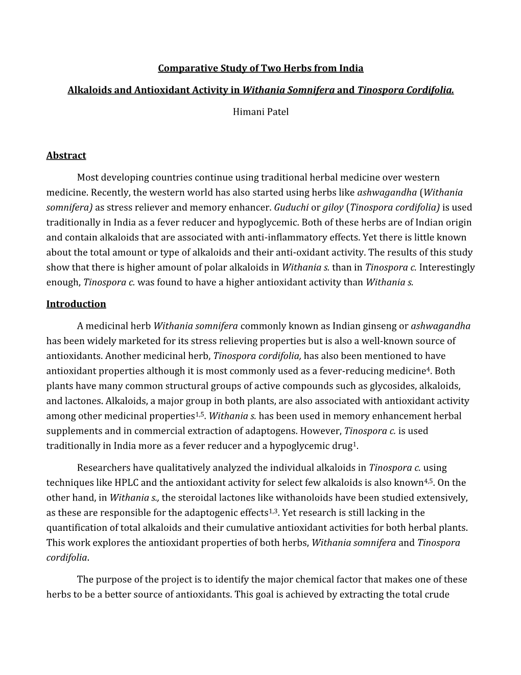 Comparative Study of Two Herbs from India: Alkaloids and Antioxidant Activity in Withania Somnifera and Tinospora Cordifolia