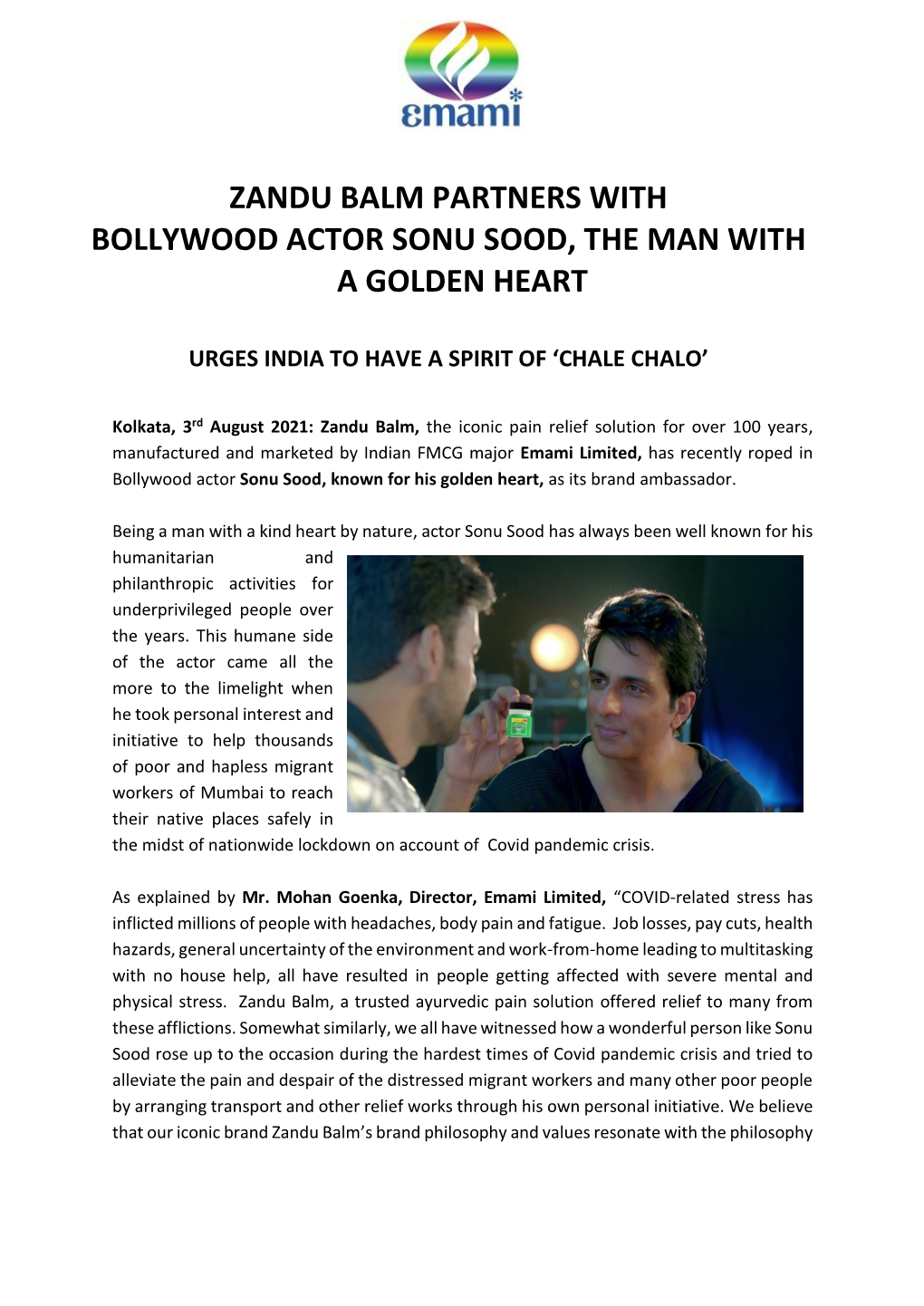 Zandu Balm Partners with Bollywood Actor Sonu Sood, the Man with a Golden Heart