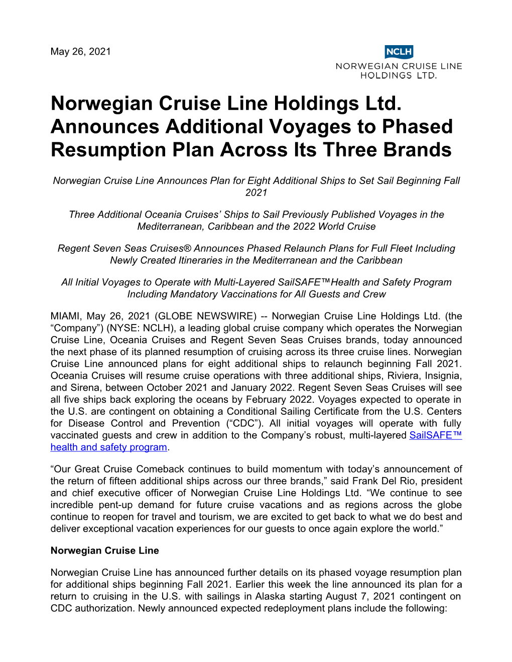 Norwegian Cruise Line Holdings Ltd. Announces Additional Voyages to Phased Resumption Plan Across Its Three Brands