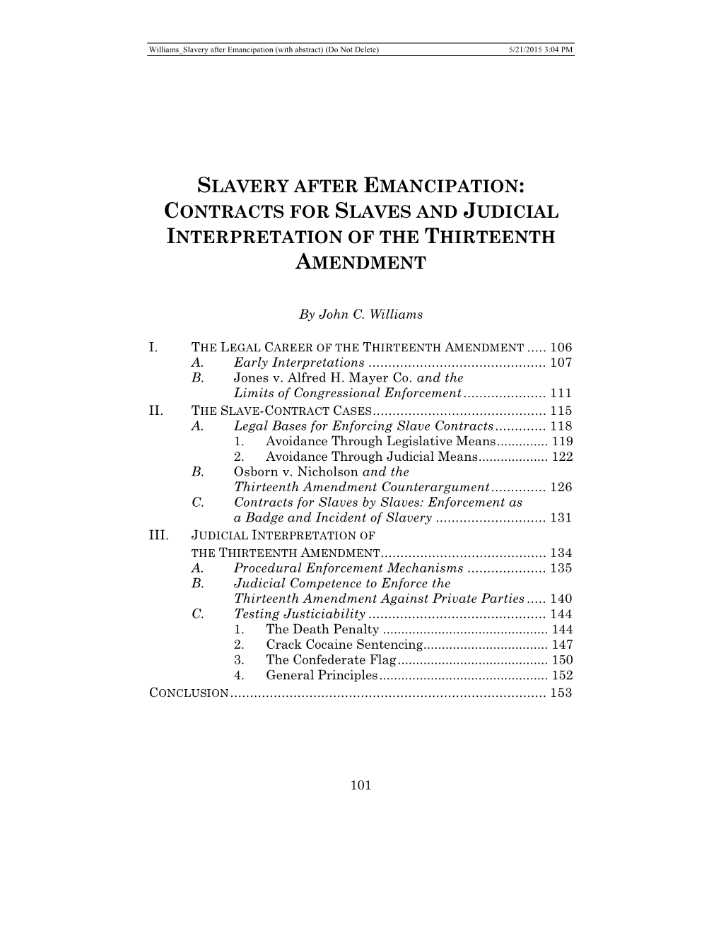 Slavery After Emancipation: Contracts for Slaves and Judicial Interpretation of the Thirteenth Amendment