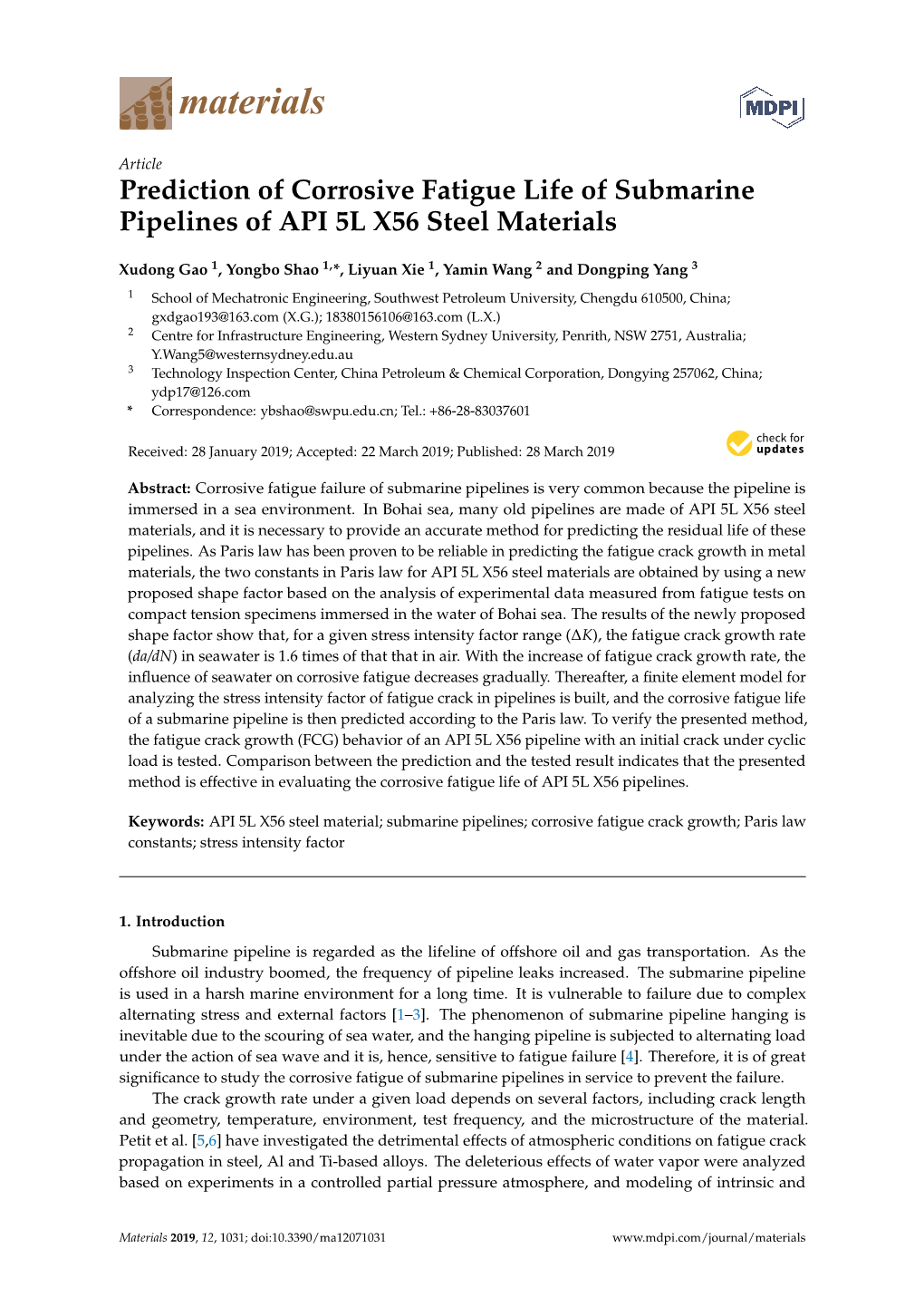 Prediction of Corrosive Fatigue Life of Submarine Pipelines of API 5L X56 Steel Materials