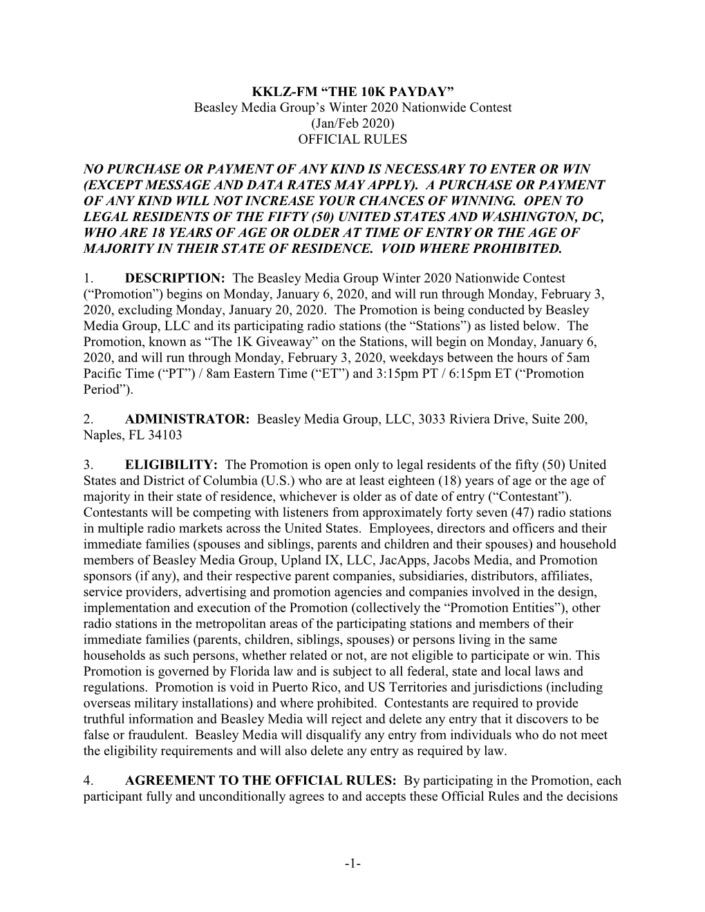 1- KKLZ-FM “THE 10K PAYDAY” Beasley Media Group's Winter 2020