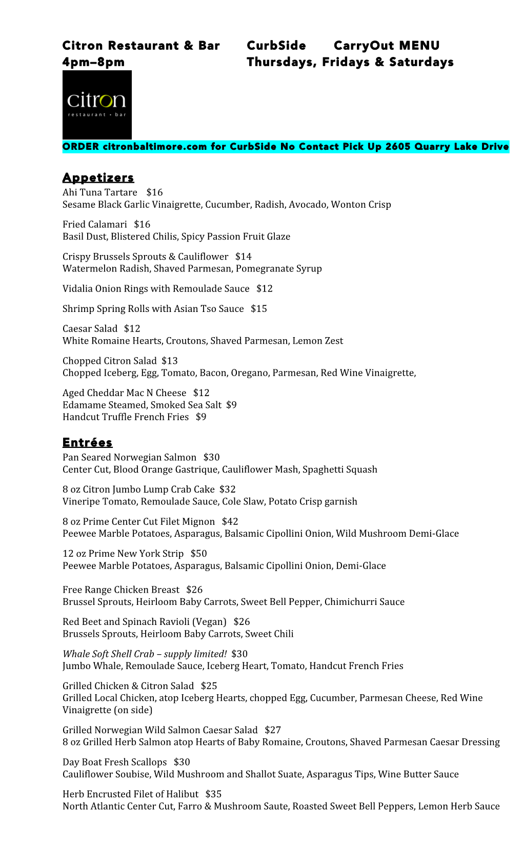 Citron Restaurant & Bar Curbside Carryout MENU 4Pm–8Pm