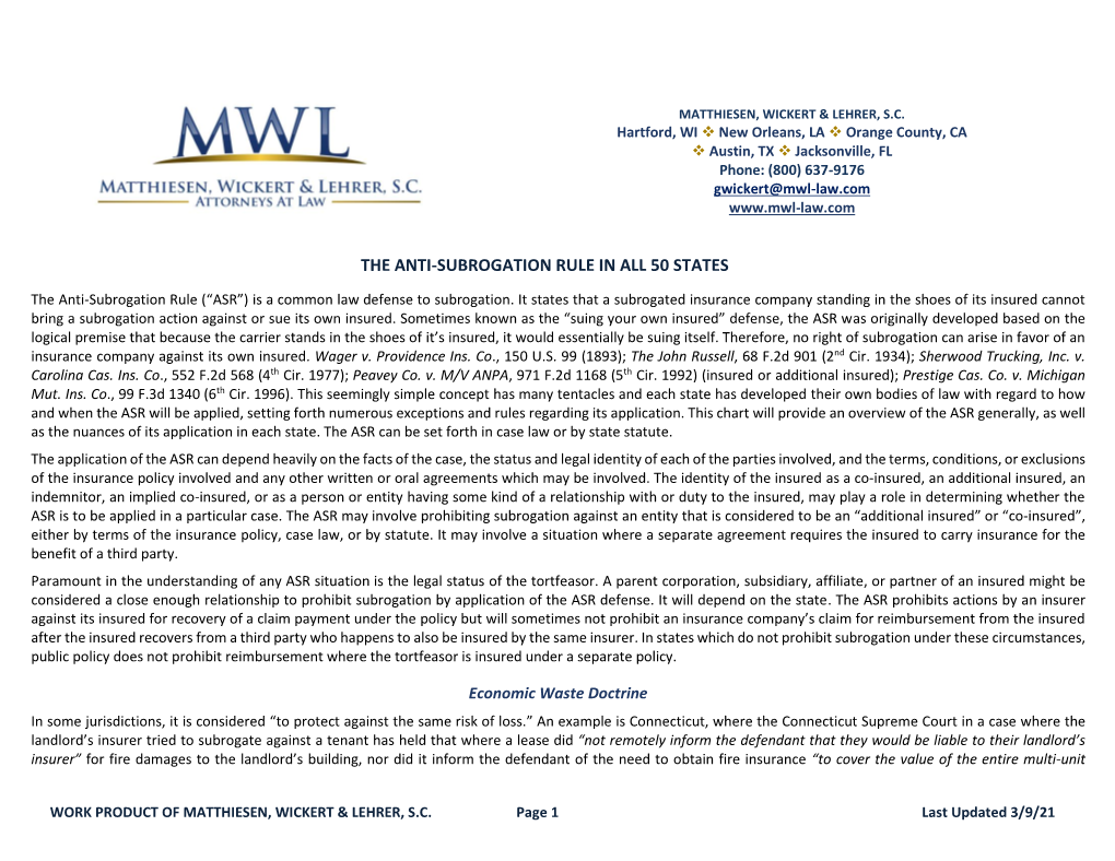 Anti-Subrogation Rule in All 50 States Chart (00214118)