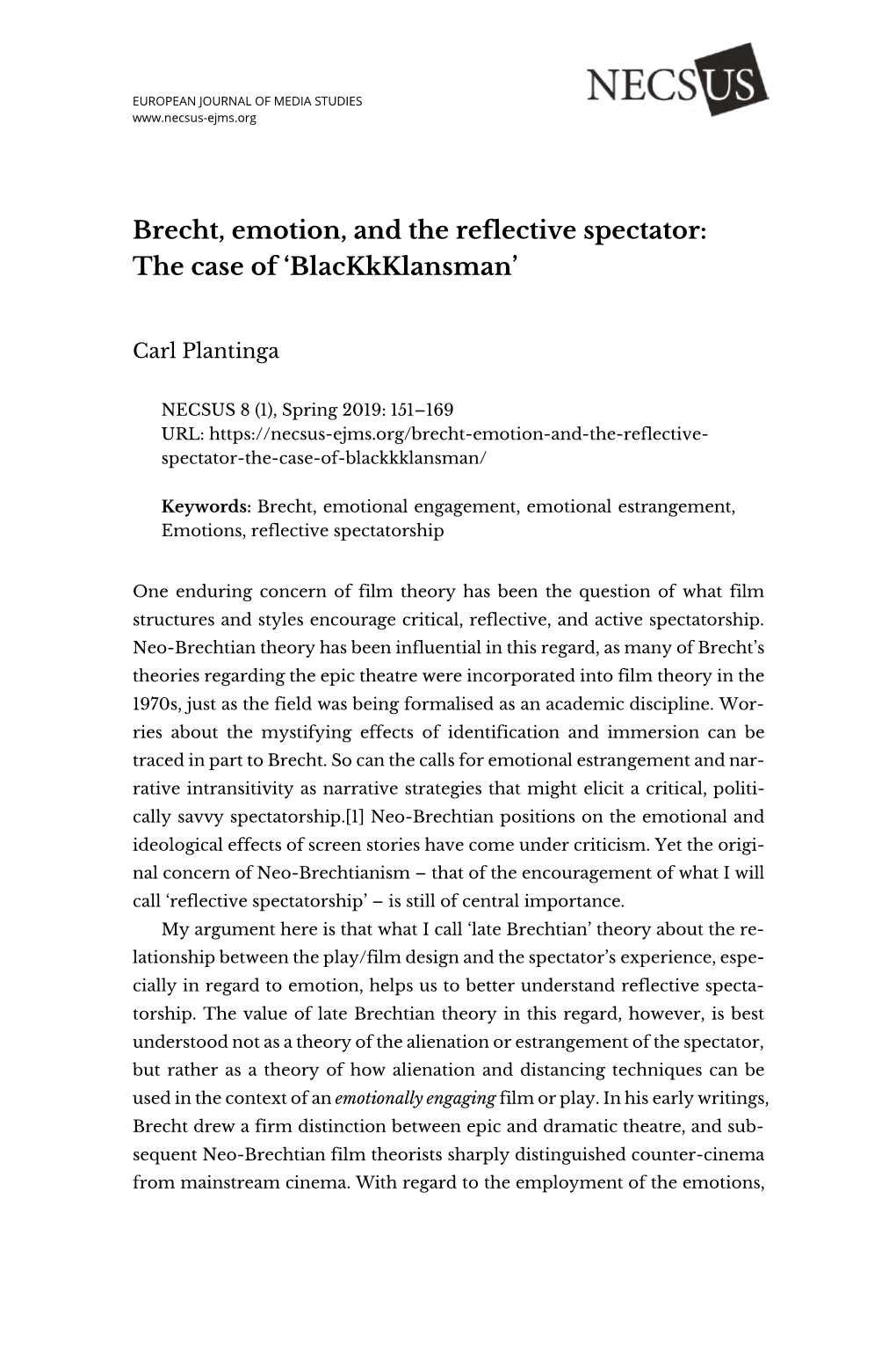 Brecht, Emotion, and the Reflective Spectator: the Case of ‘Blackkklansman’