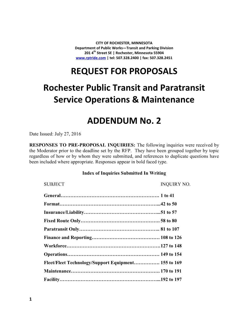 REQUEST for PROPOSALS Rochester Public Transit And