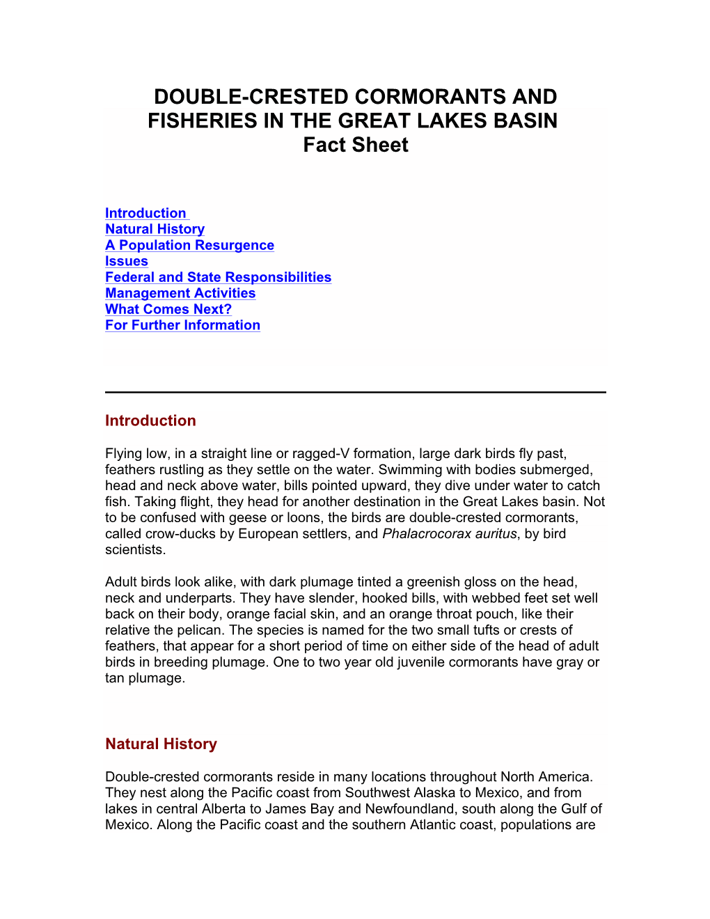 DOUBLE-CRESTED CORMORANTS and FISHERIES in the GREAT LAKES BASIN Fact Sheet