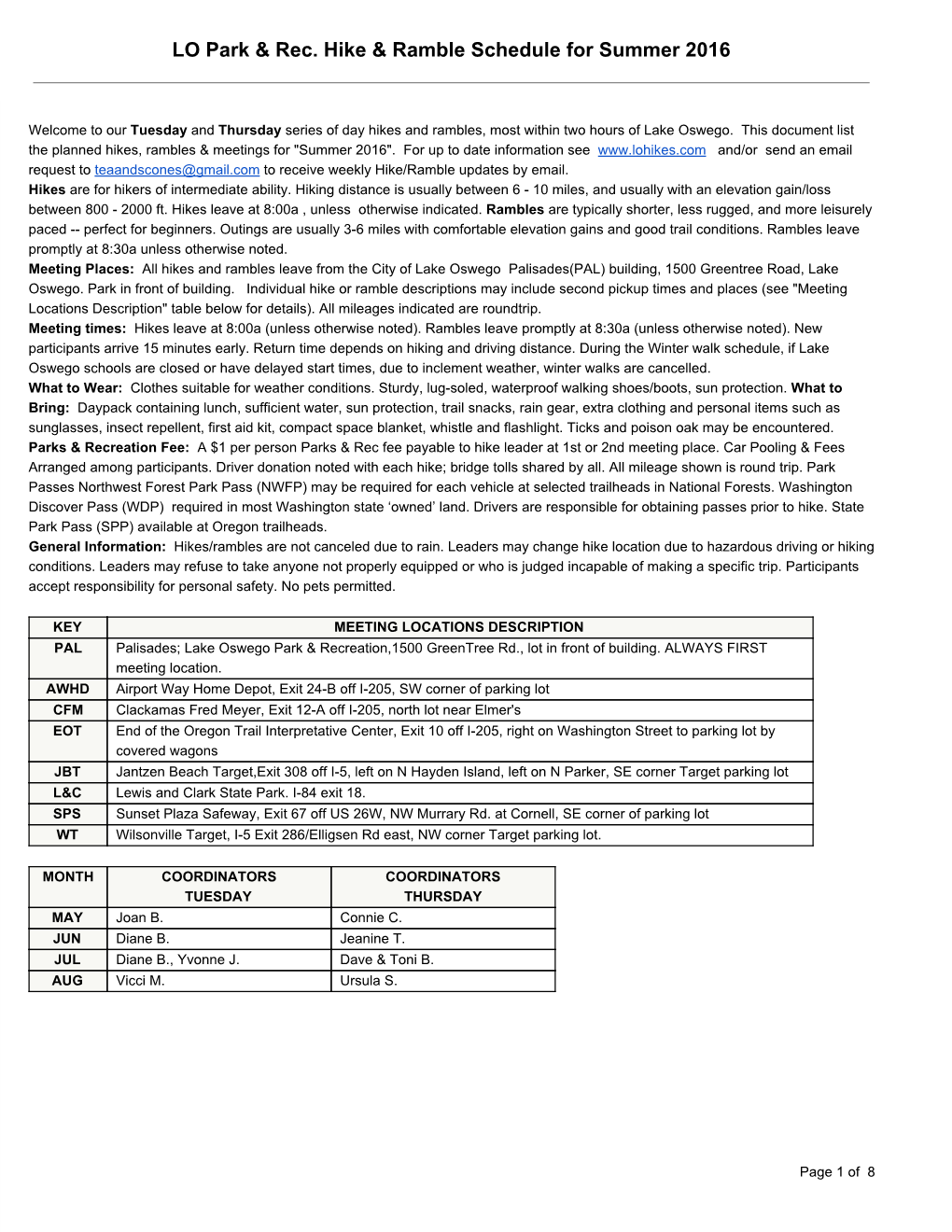 LO Park & Rec. Hike & Ramble Schedule for Summer 2016