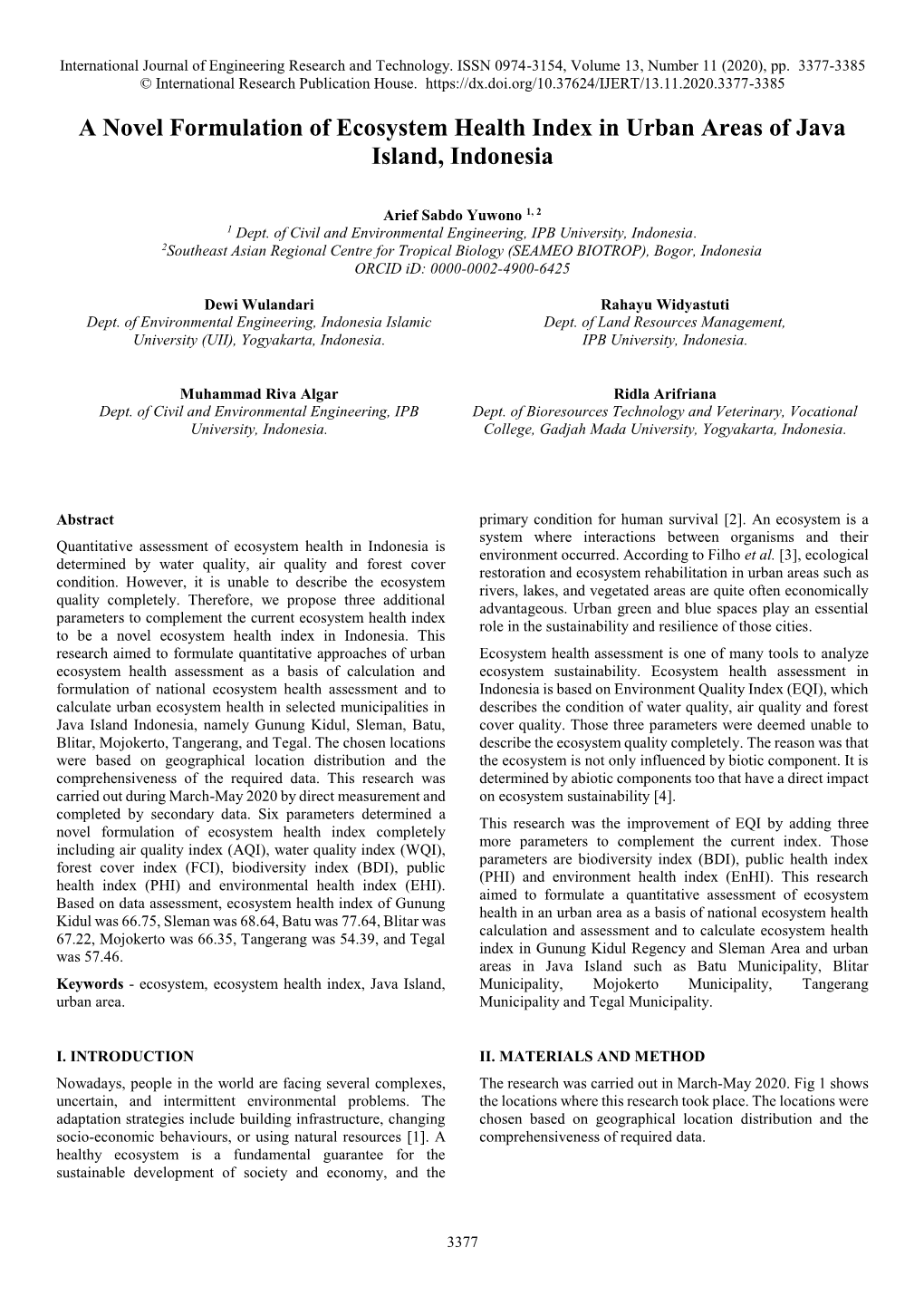 A Novel Formulation of Ecosystem Health Index in Urban Areas of Java Island, Indonesia