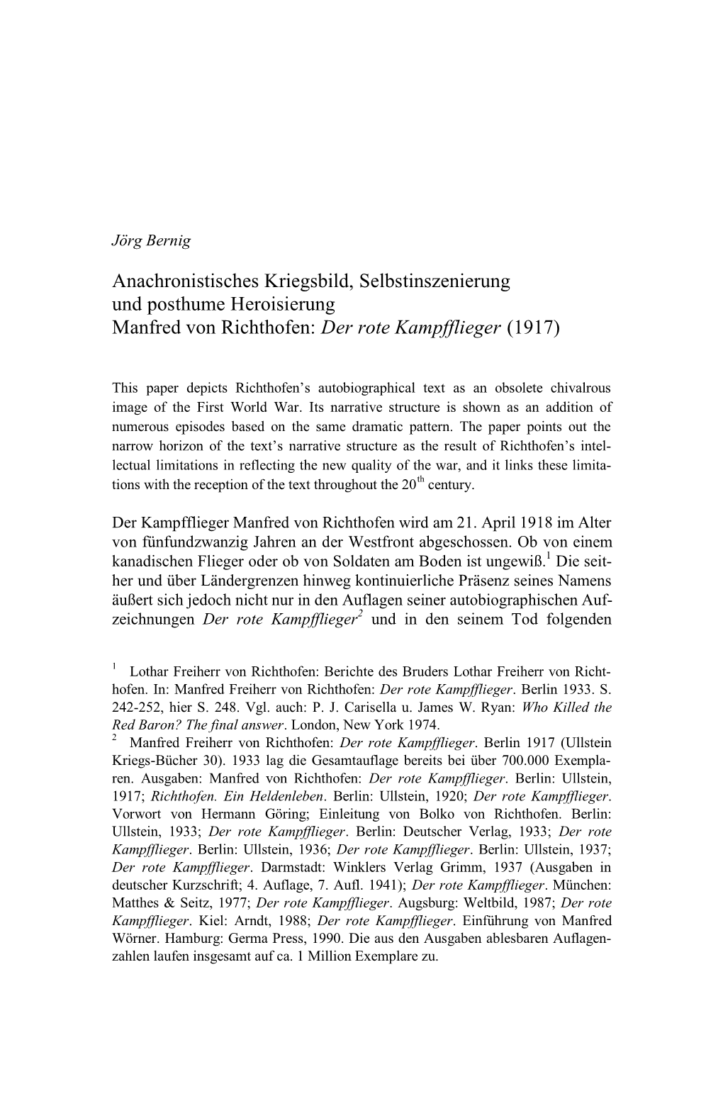 Anachronistisches Kriegsbild, Selbstinszenierung Und Posthume Heroisierung Manfred Von Richthofen: Der Rote Kampfflieger (1917)