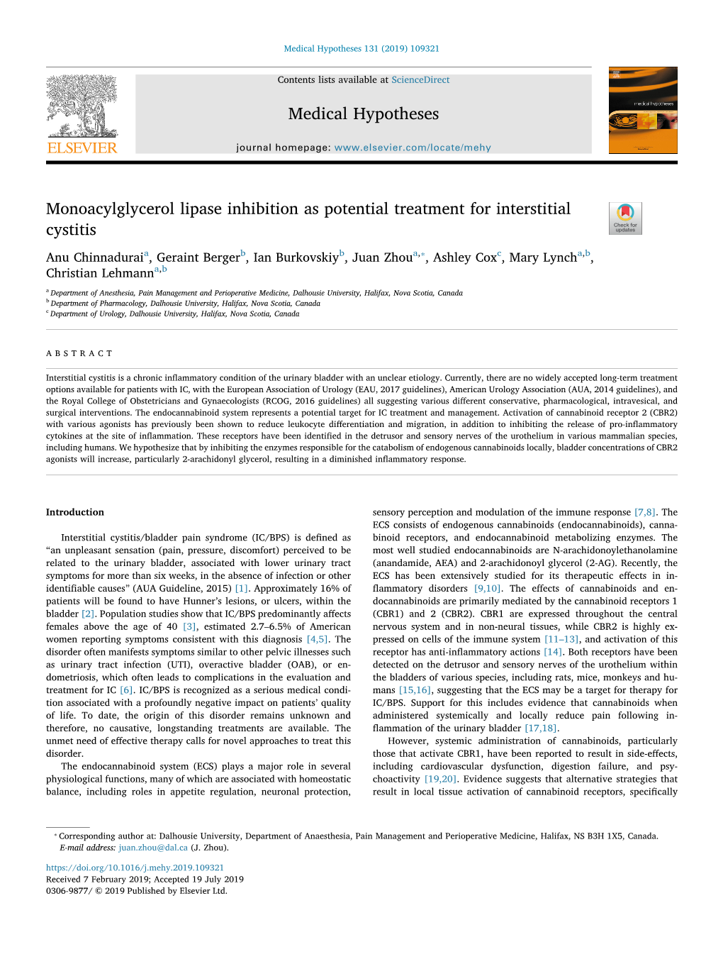 Monoacylglycerol Lipase Inhibition As Potential Treatment for Interstitial