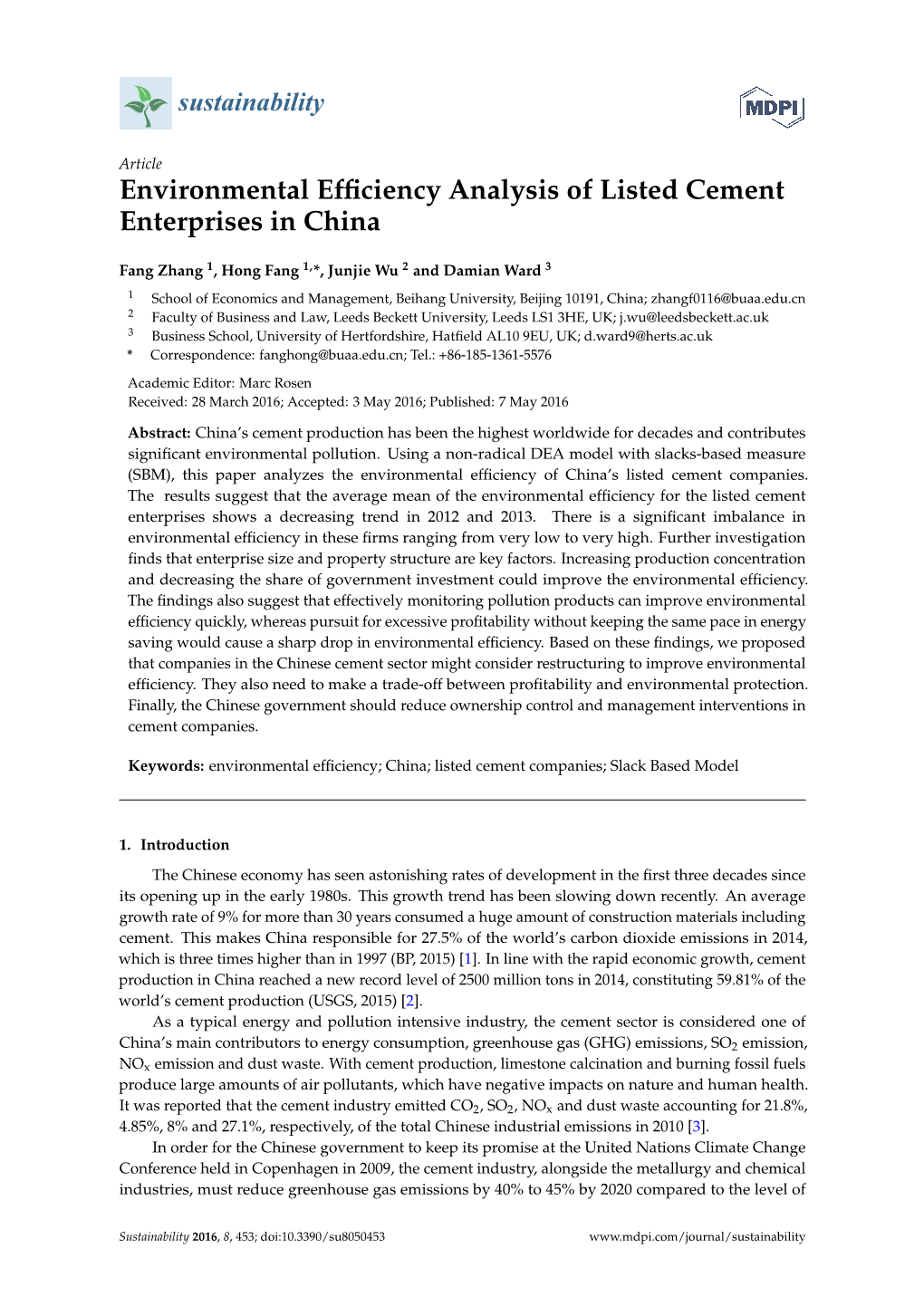 Environmental Efficiency Analysis of Listed Cement Enterprises in China