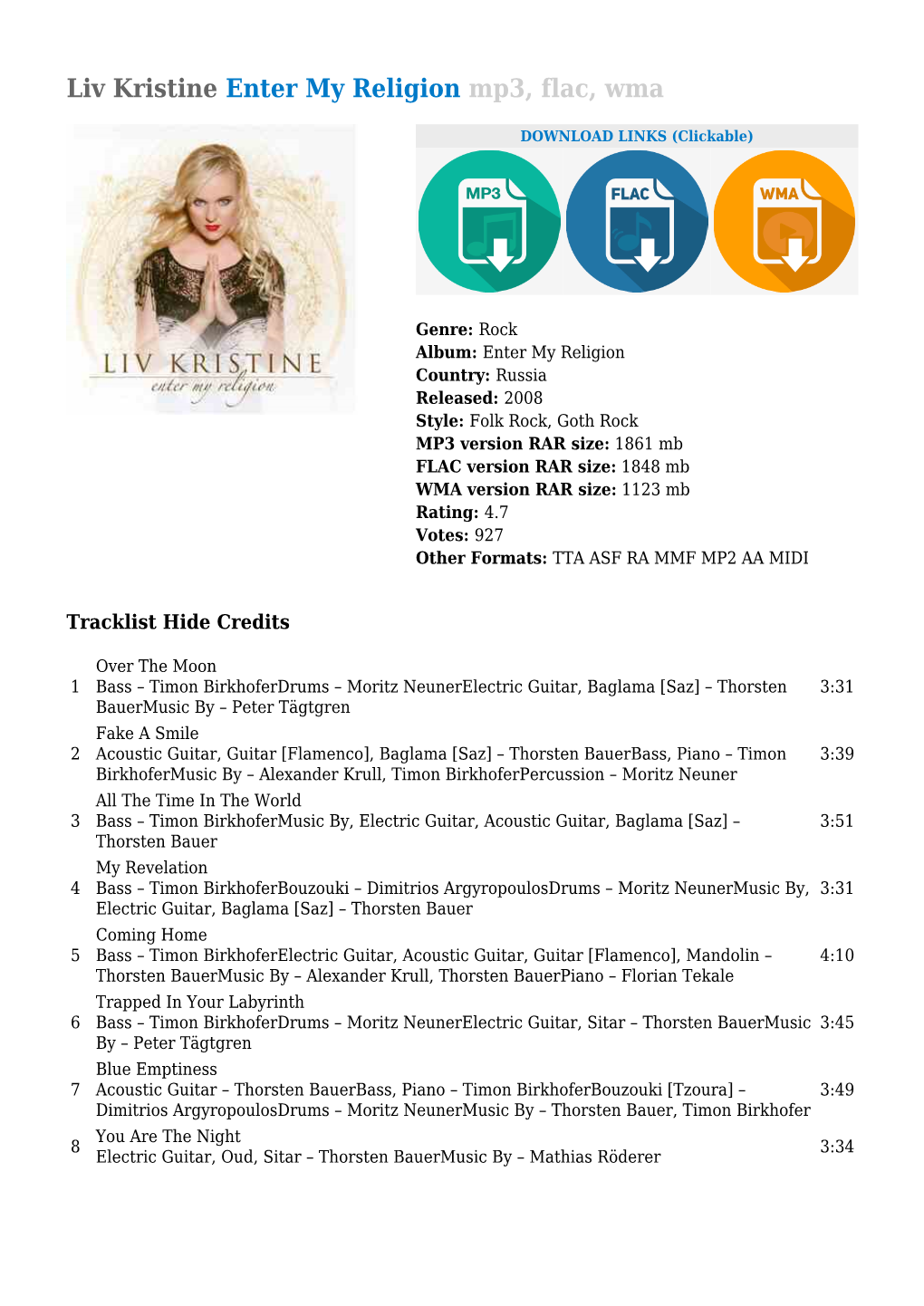 Liv Kristine Enter My Religion Mp3, Flac, Wma