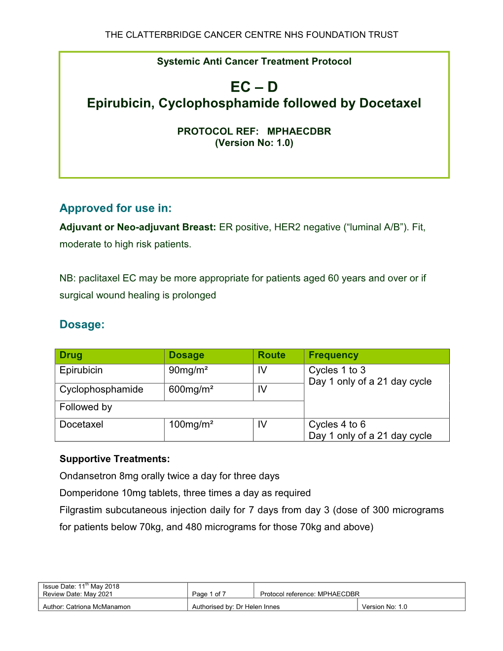 EC-D Epirubicin, Cyclophosphamide Followed by Docetaxel Protocol V1.0