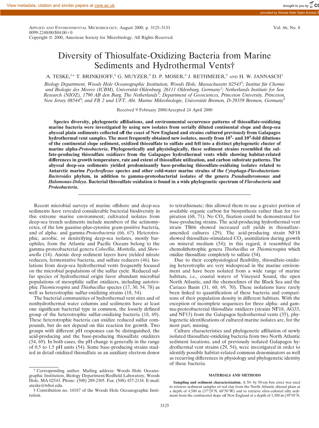 Diversity of Thiosulfate-Oxidizing Bacteria from Marine Sediments and Hydrothermal Vents†