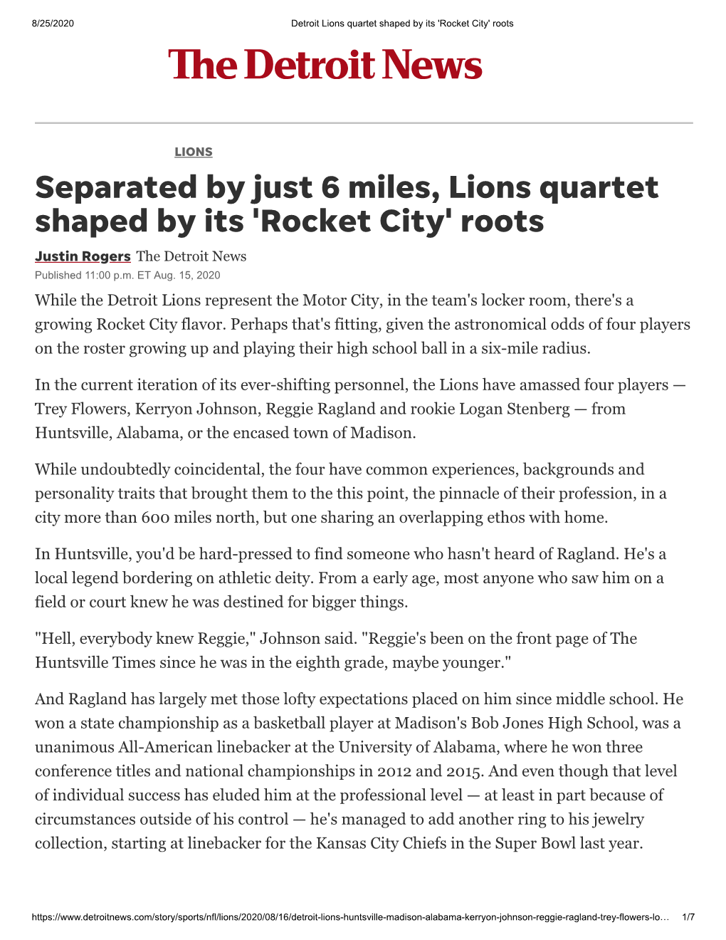 Separated by Just 6 Miles, Lions Quartet Shaped by Its 'Rocket City' Roots Justin Rogers the Detroit News Published 11:00 P.M