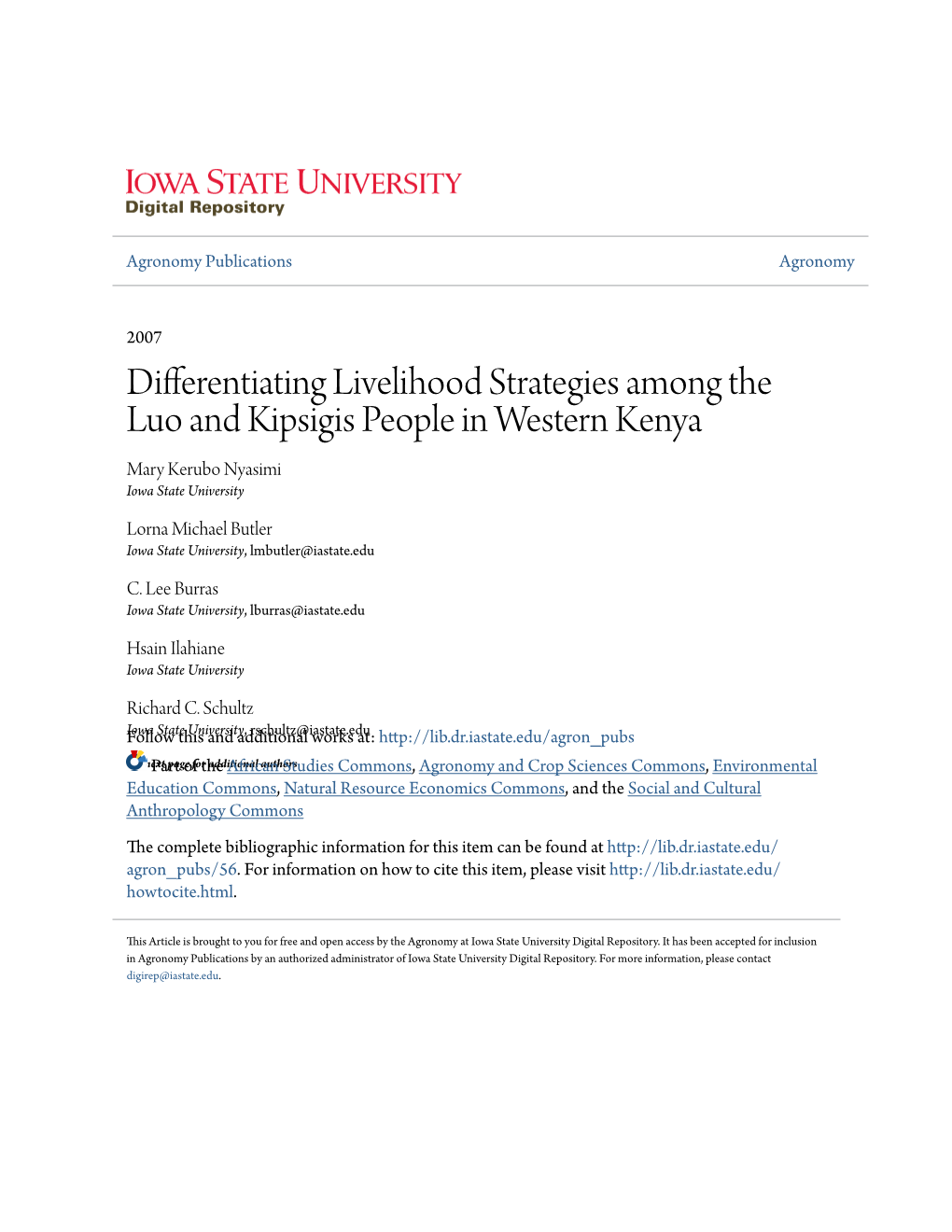 Differentiating Livelihood Strategies Among the Luo and Kipsigis People in Western Kenya Mary Kerubo Nyasimi Iowa State University