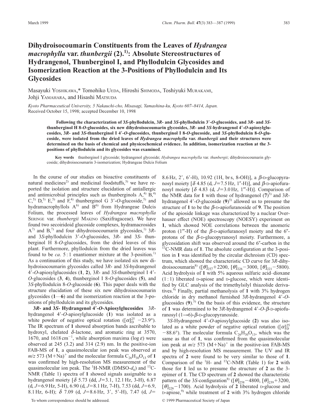 Dihydroisocoumarin Constituents from the Leaves of Hydrangea Macrophylla Var