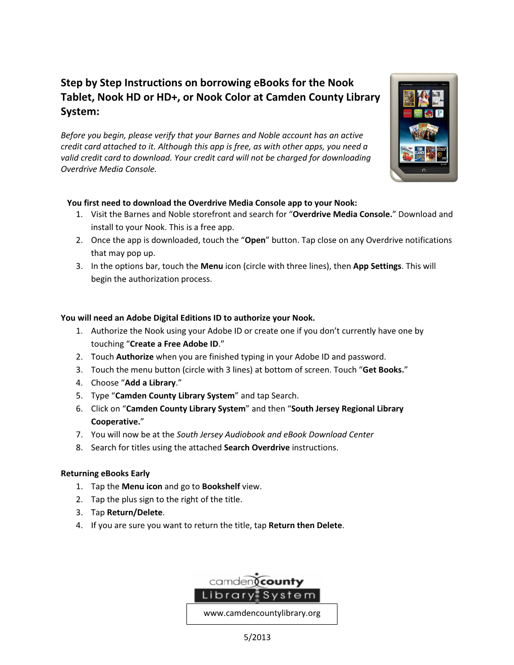 Step by Step Instructions on Borrowing Ebooks for the Nook Tablet, Nook HD Or HD+, Or Nook Color at Camden County Library System