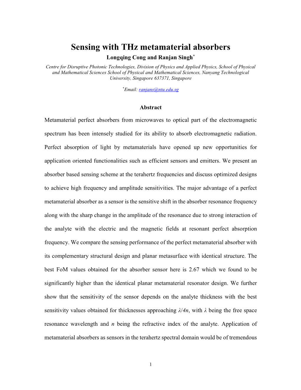 Sensing with Thz Metamaterial Absorbers