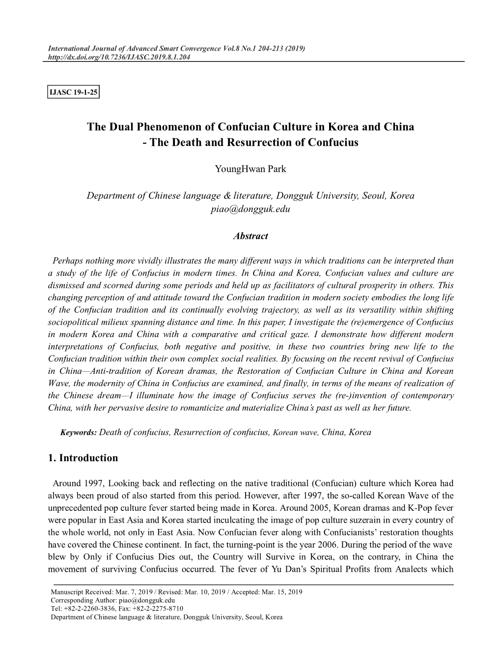 The Dual Phenomenon of Confucian Culture in Korea and China - the Death and Resurrection of Confucius