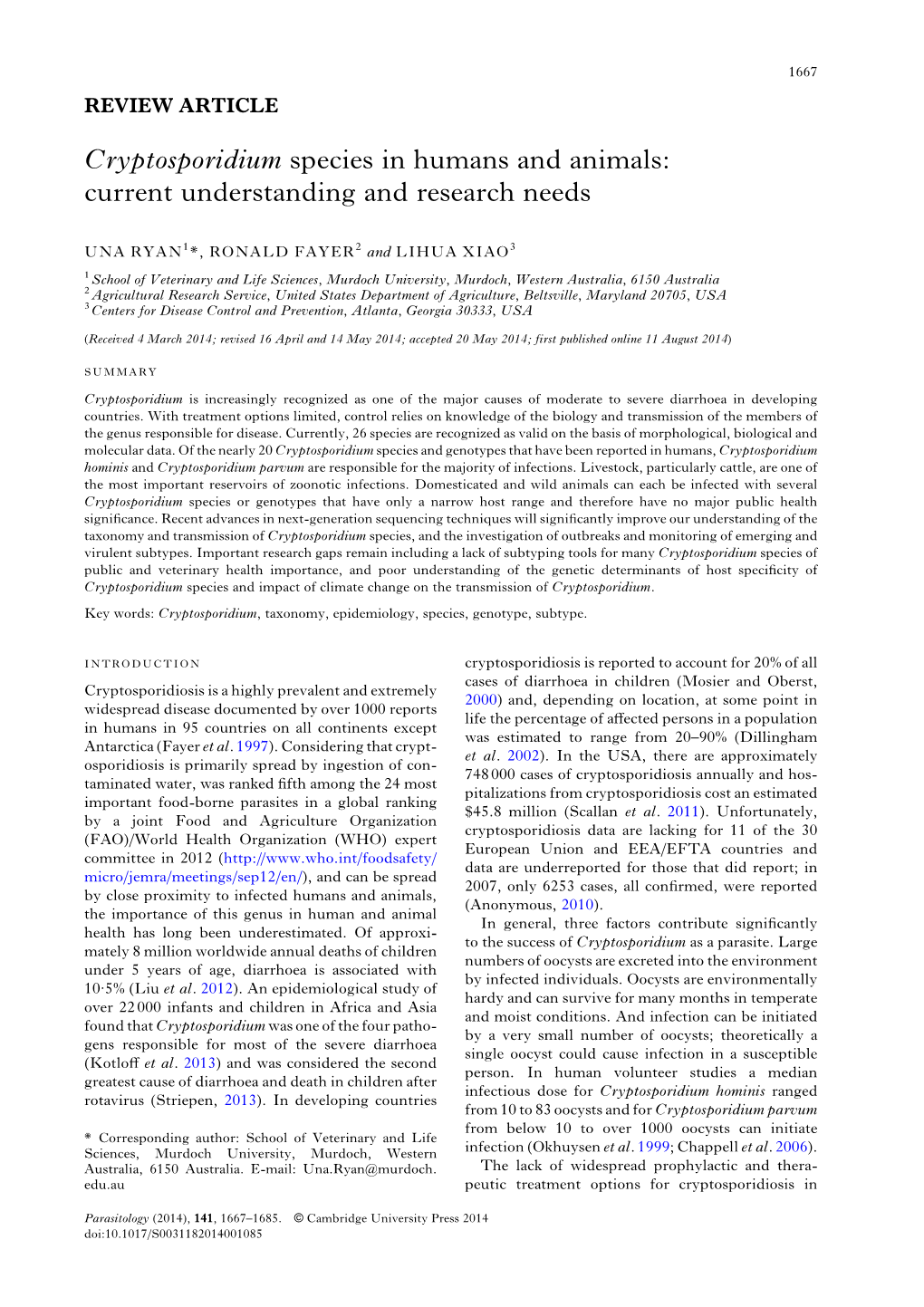 Cryptosporidium Species in Humans and Animals: Current Understanding and Research Needs