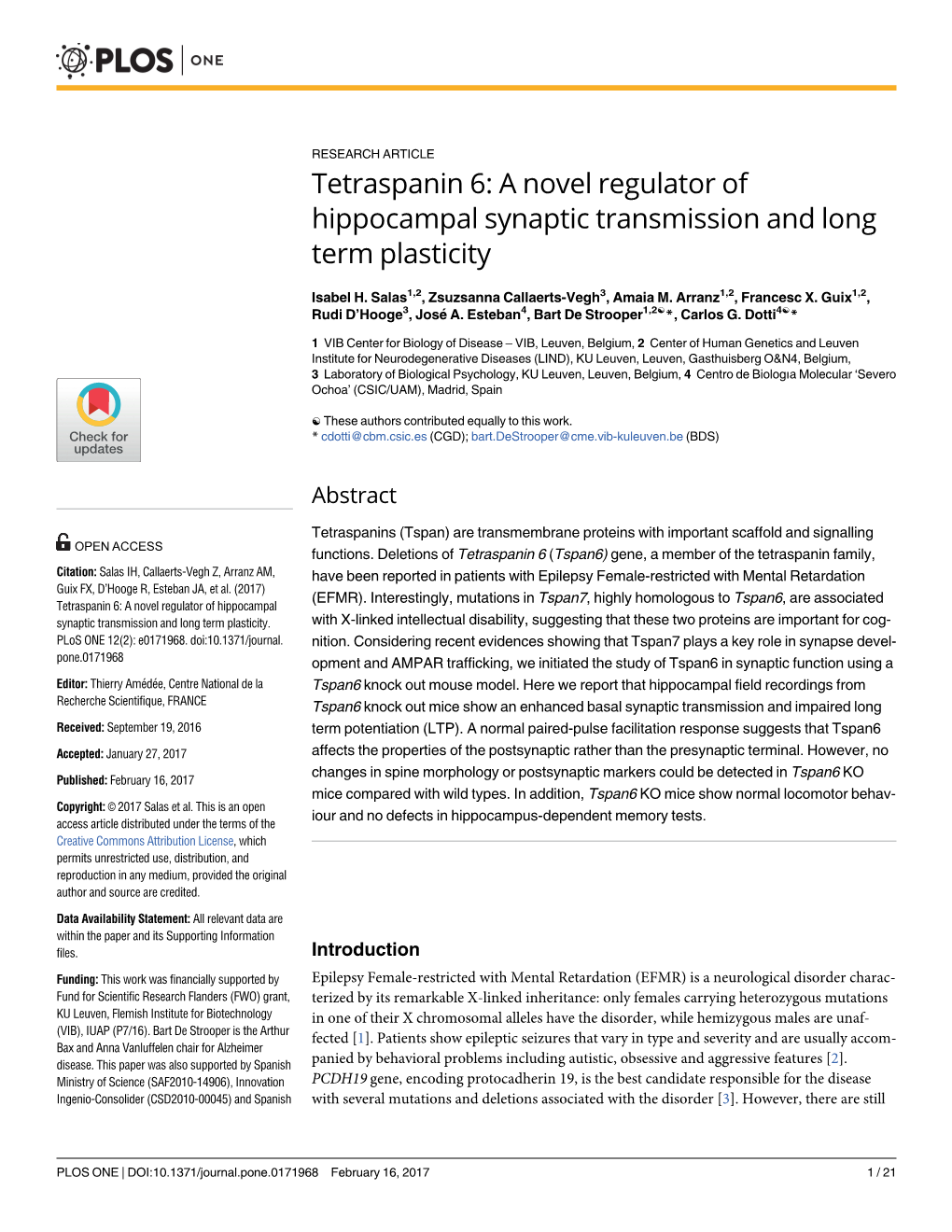 Tetraspanin 6: a Novel Regulator of Hippocampal Synaptic Transmission and Long Term Plasticity