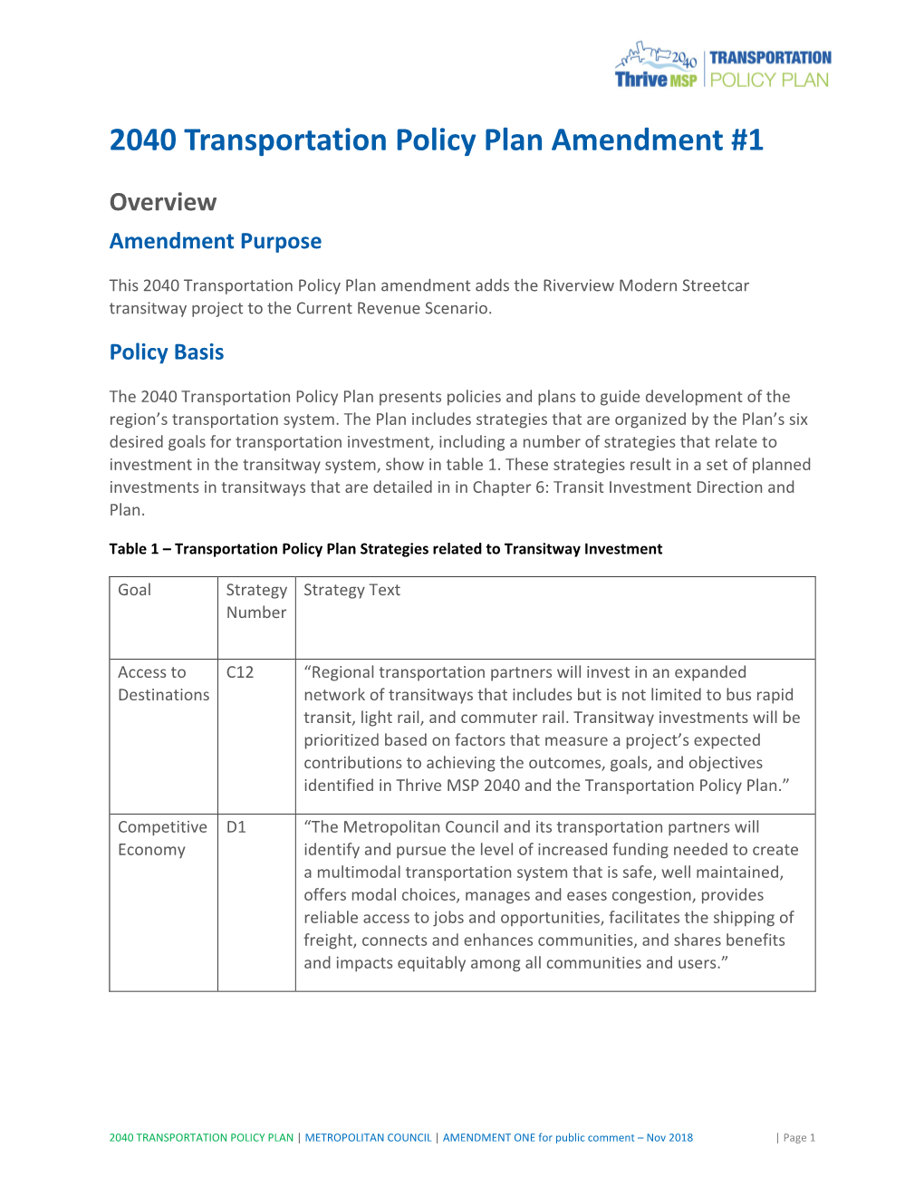 2040 Transportation Policy Plan Amendment #1