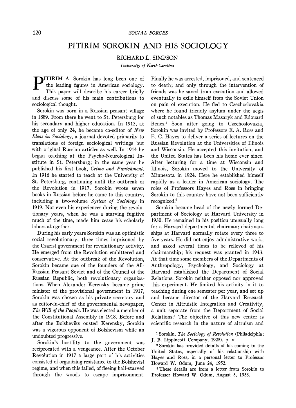 Pitirim Sorokin and His Sociology Richard L