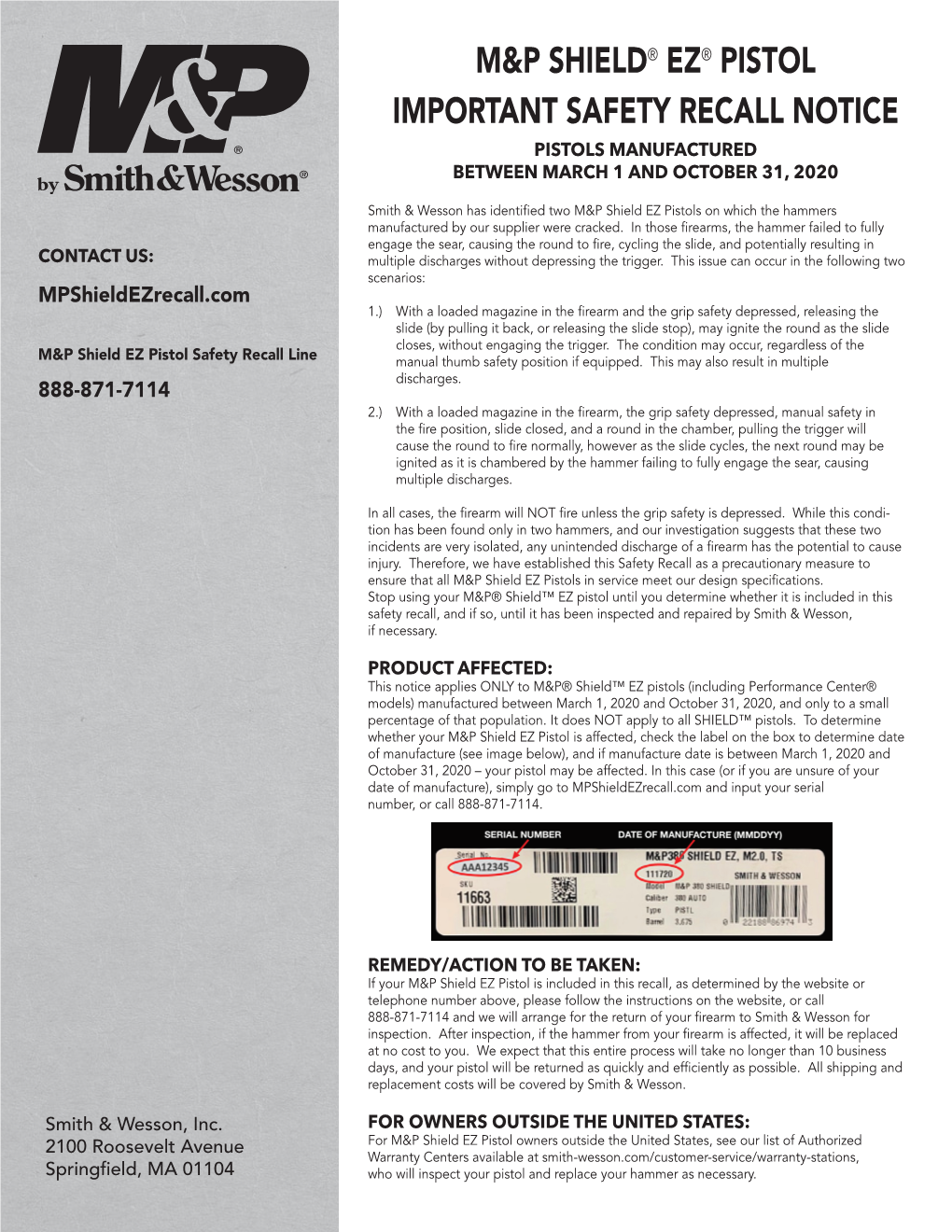 M&P Shield® Ez® Pistol Important Safety Recall Notice