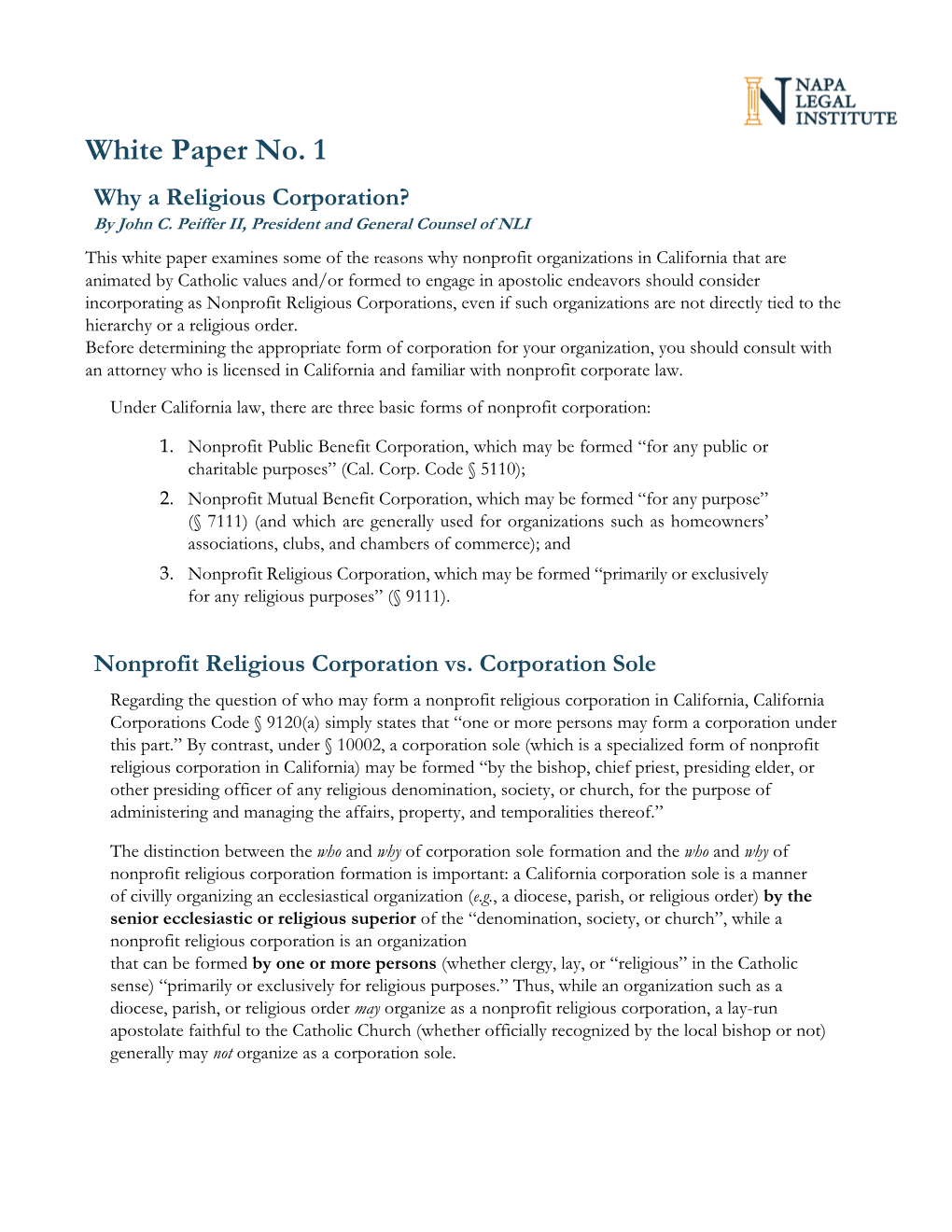 White Paper No. 1 Why a Religious Corporation? by John C