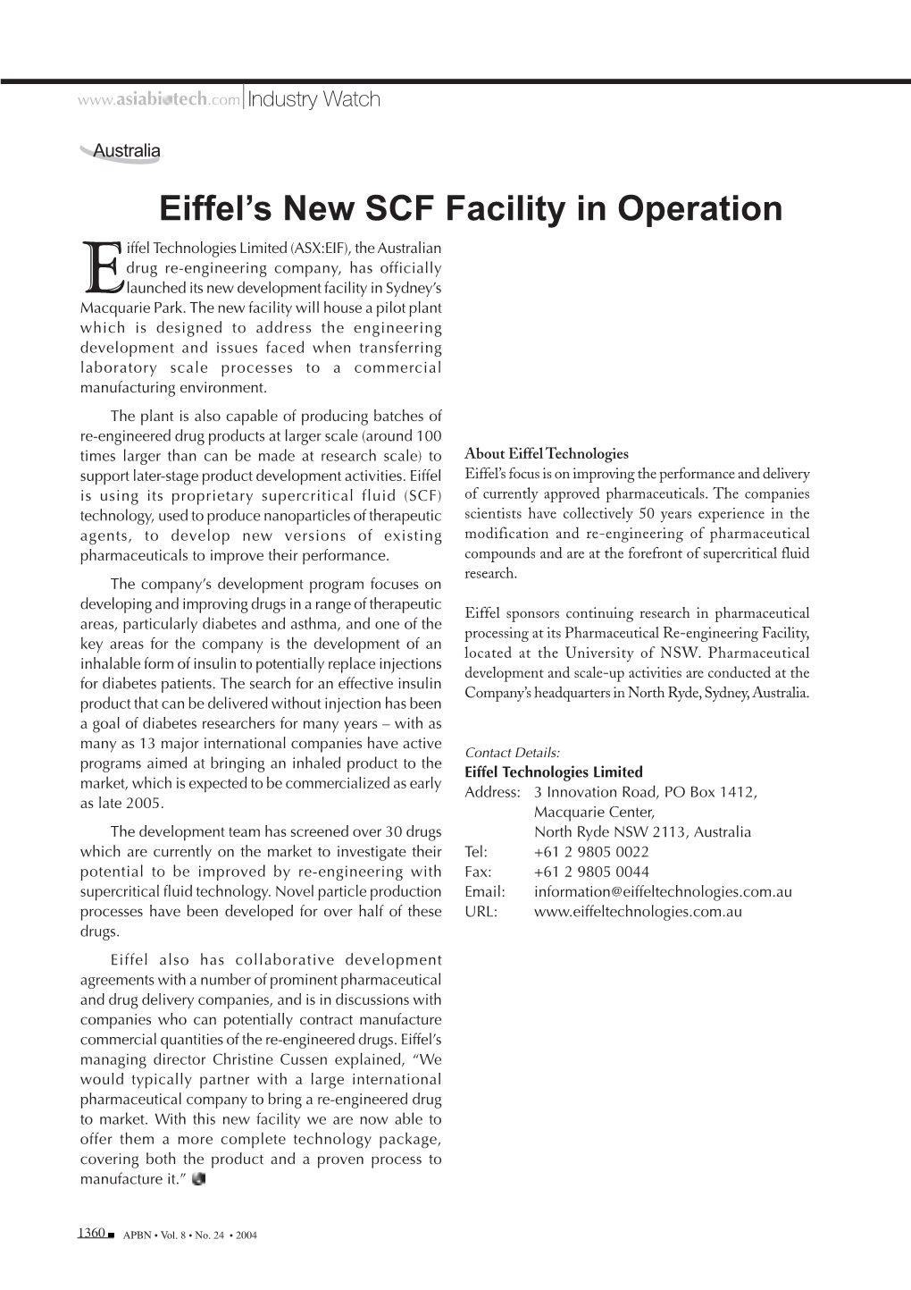 China's OTC Market • Non Bactericidal Antibiotics • Eiffel's New SCF Facility