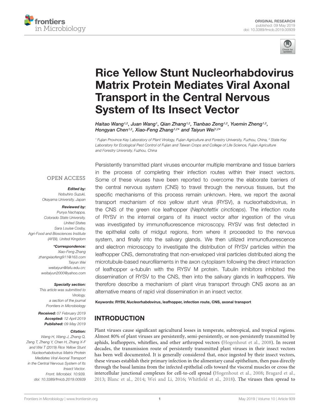 Rice Yellow Stunt Nucleorhabdovirus Matrix Protein Mediates Viral Axonal Transport in the Central Nervous System of Its Insect Vector