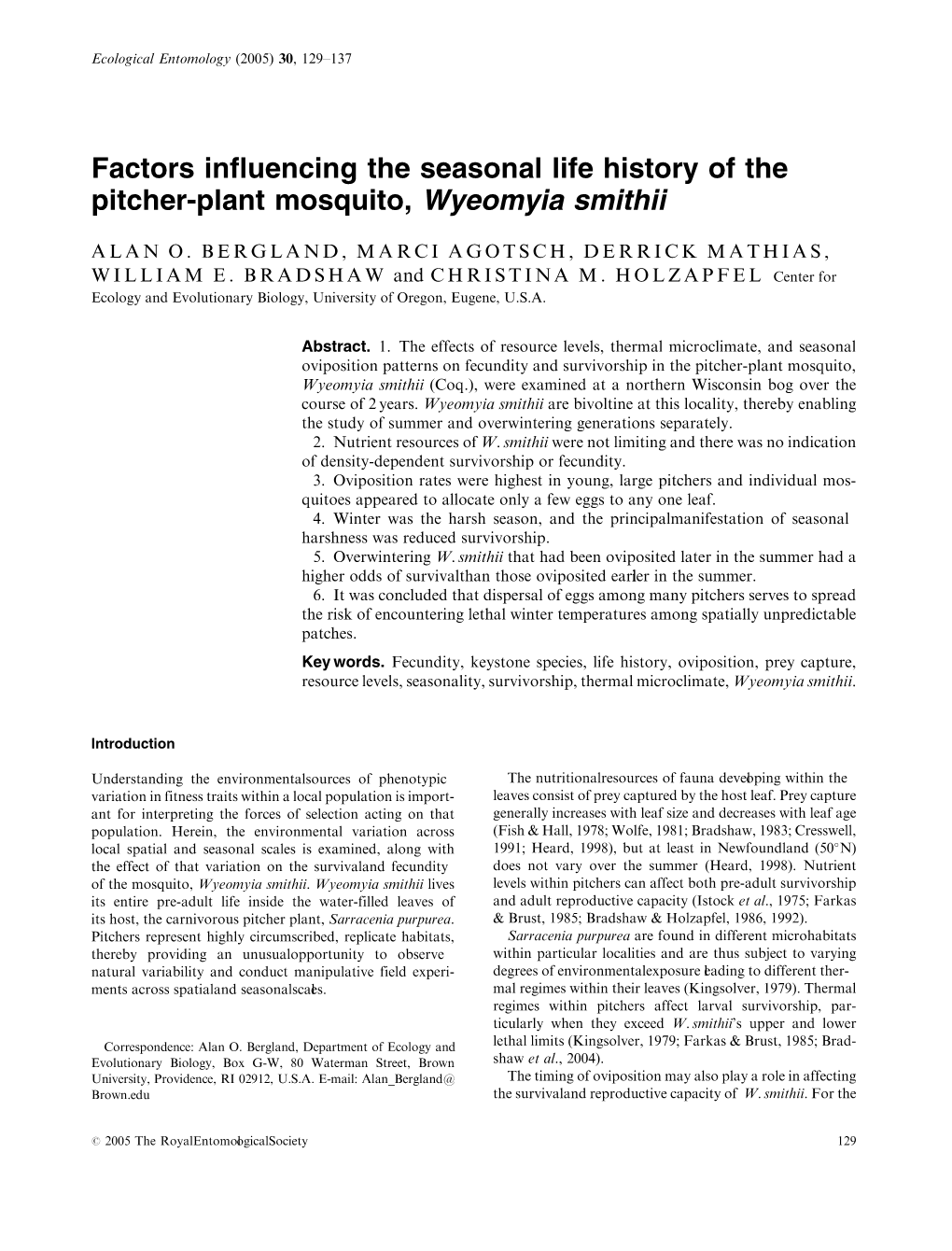 Factors Influencing the Seasonal Life History of the Pitcher-Plant Mosquito, Wyeomyia Smithii