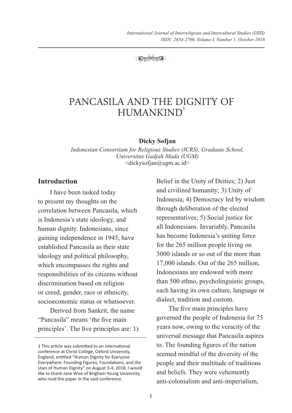 Pancasila and the Dignity of Humankind1