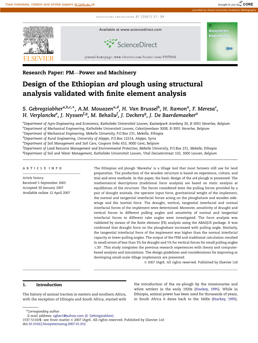 Design of the Ethiopian Ard Plough Using Structural Analysis Validated with ﬁnite Element Analysis