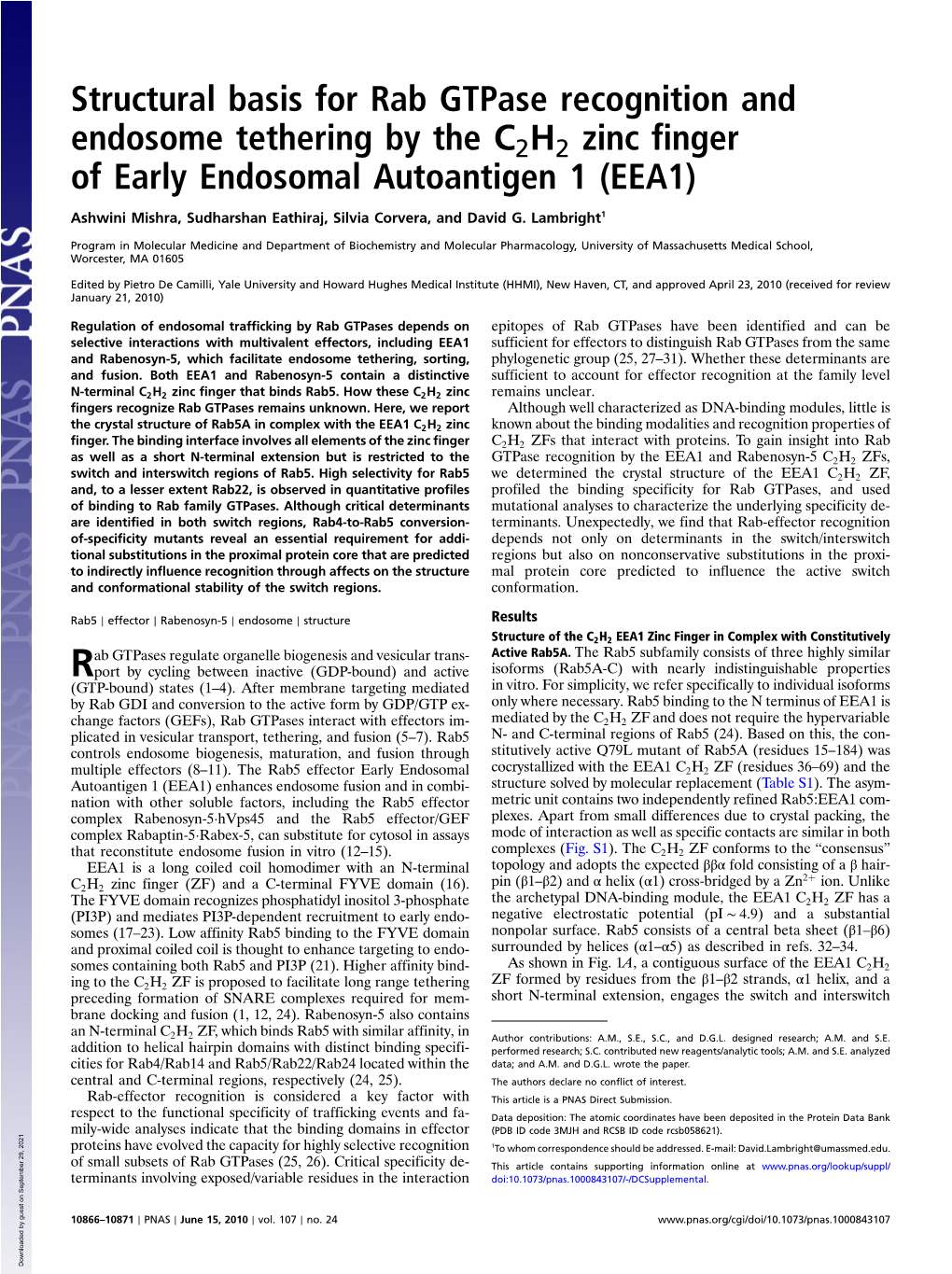 Structural Basis for Rab Gtpase Recognition and Endosome Tethering by the C2H2 Zinc Finger of Early Endosomal Autoantigen 1 (EEA1)