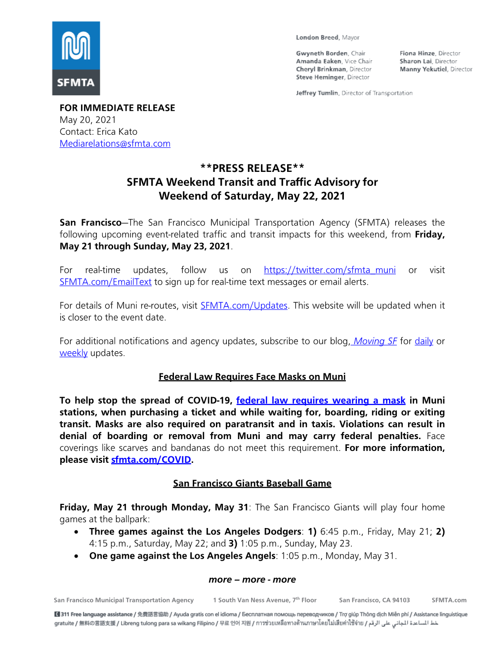 PRESS RELEASE** SFMTA Weekend Transit and Traffic Advisory for Weekend of Saturday, May 22, 2021