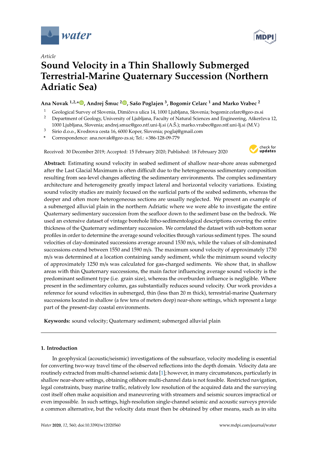 Sound Velocity in a Thin Shallowly Submerged Terrestrial-Marine Quaternary Succession (Northern Adriatic Sea)