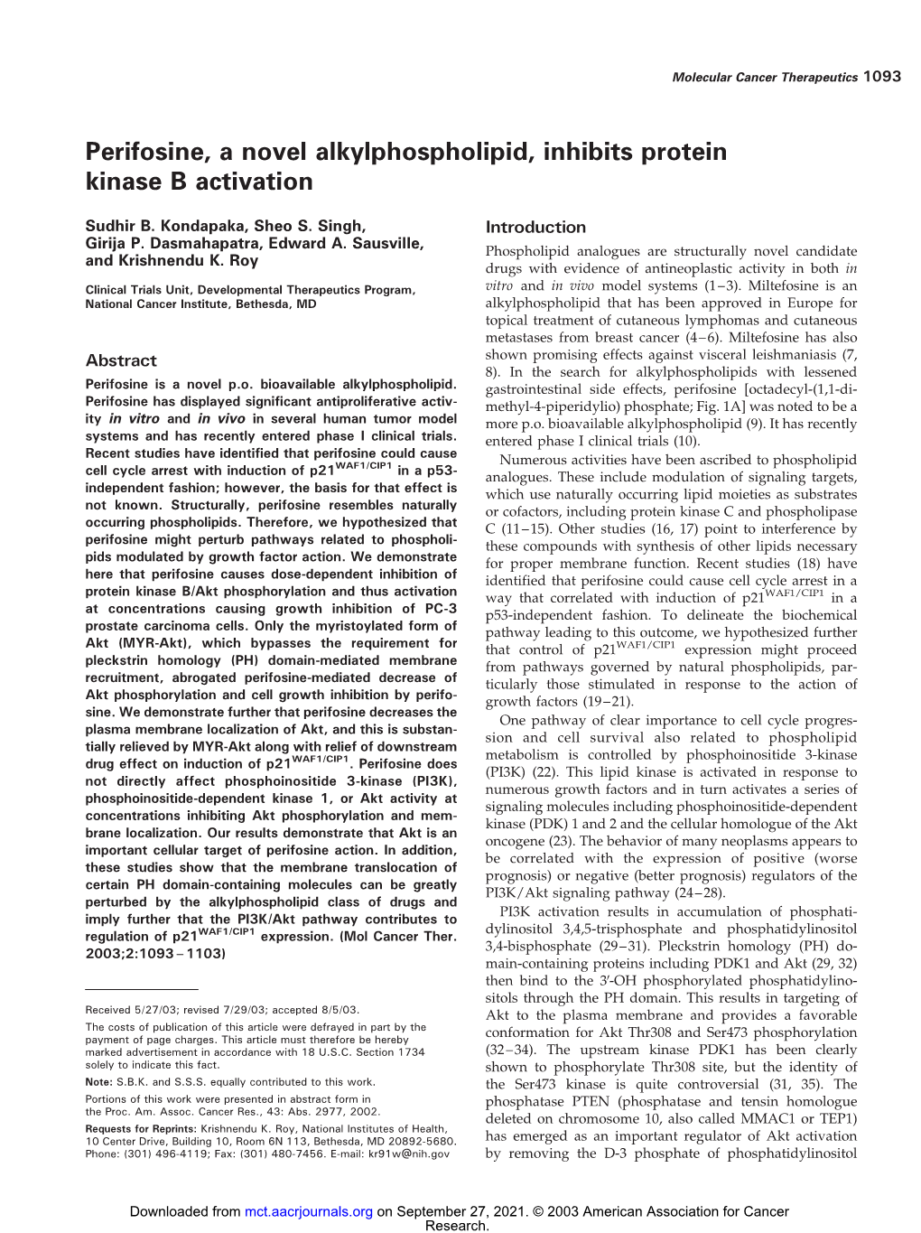 Perifosine, a Novel Alkylphospholipid, Inhibits Protein Kinase B Activation