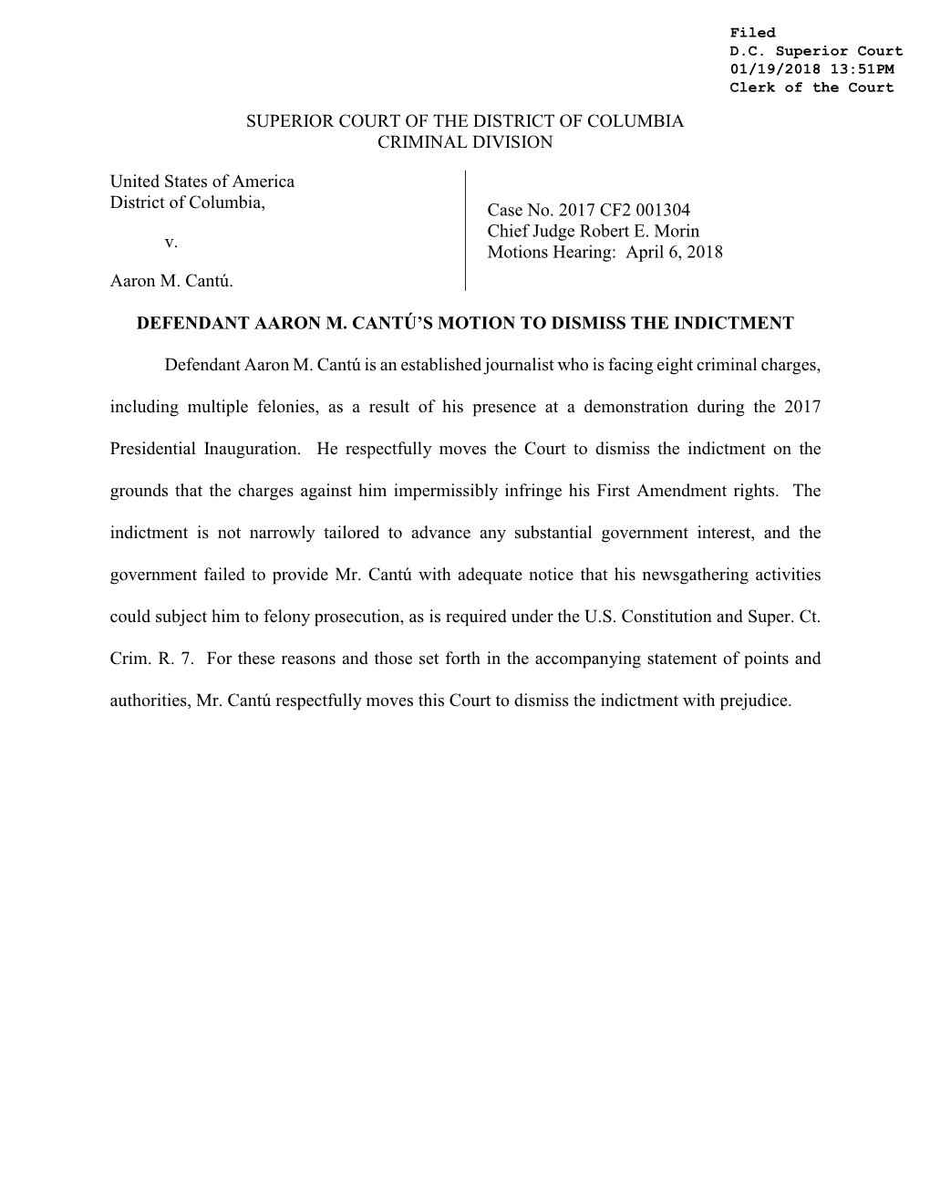 Motion to Dismiss Charges Against Aaron Cantu