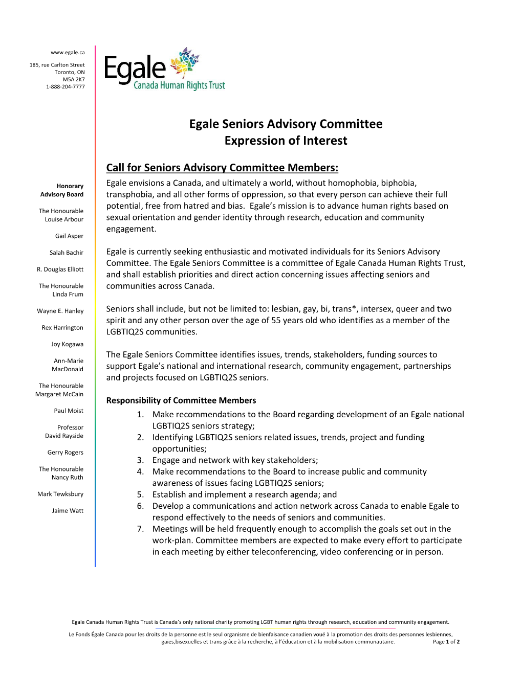 Egale Seniors Advisory Committee Expression of Interest