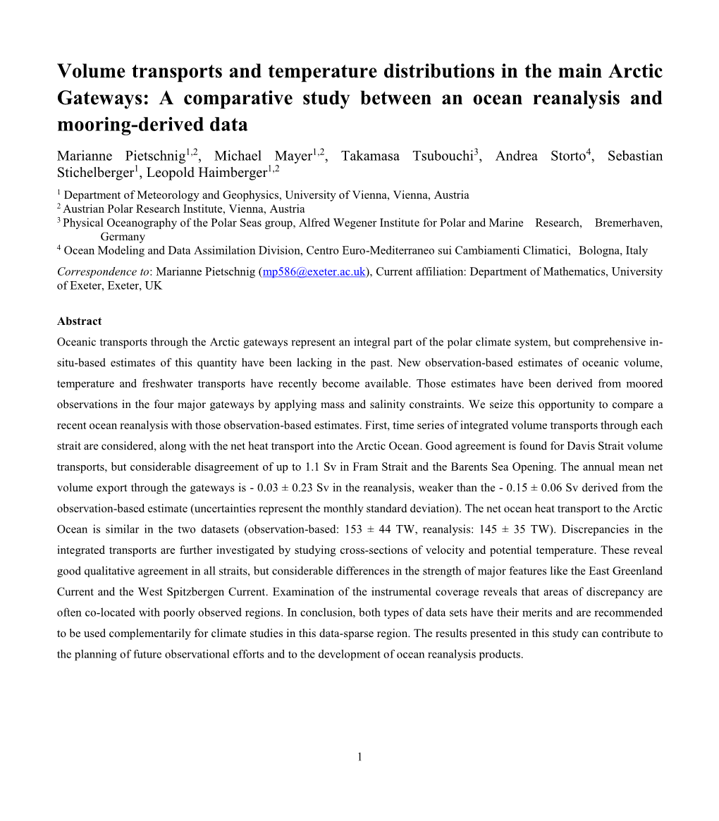 Volume Transports and Temperature Distributions in the Main Arctic
