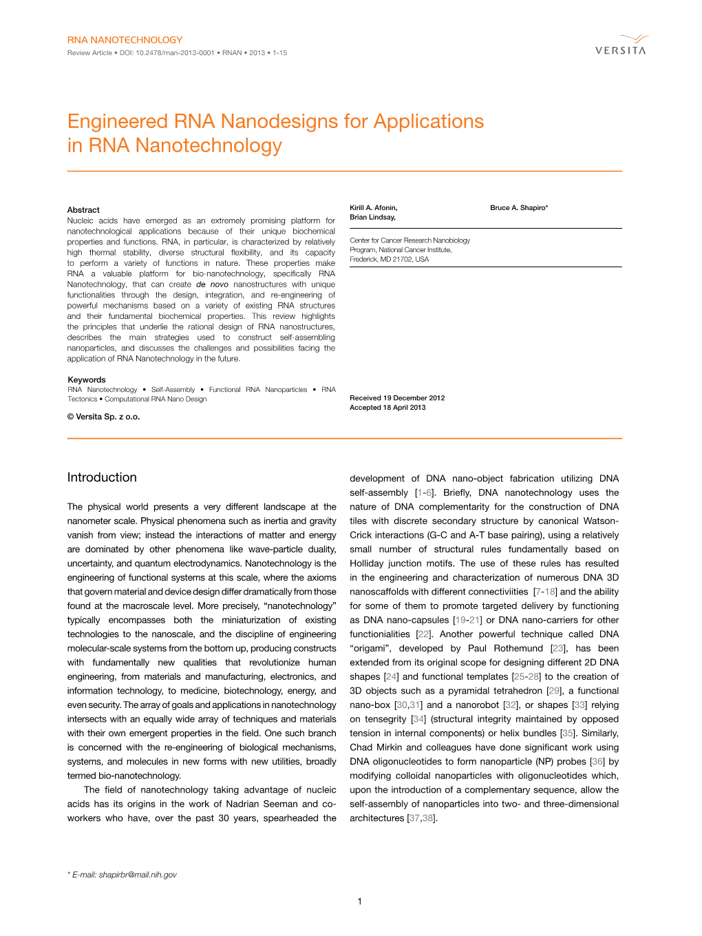 Engineered RNA Nanodesigns for Applications in RNA Nanotechnology