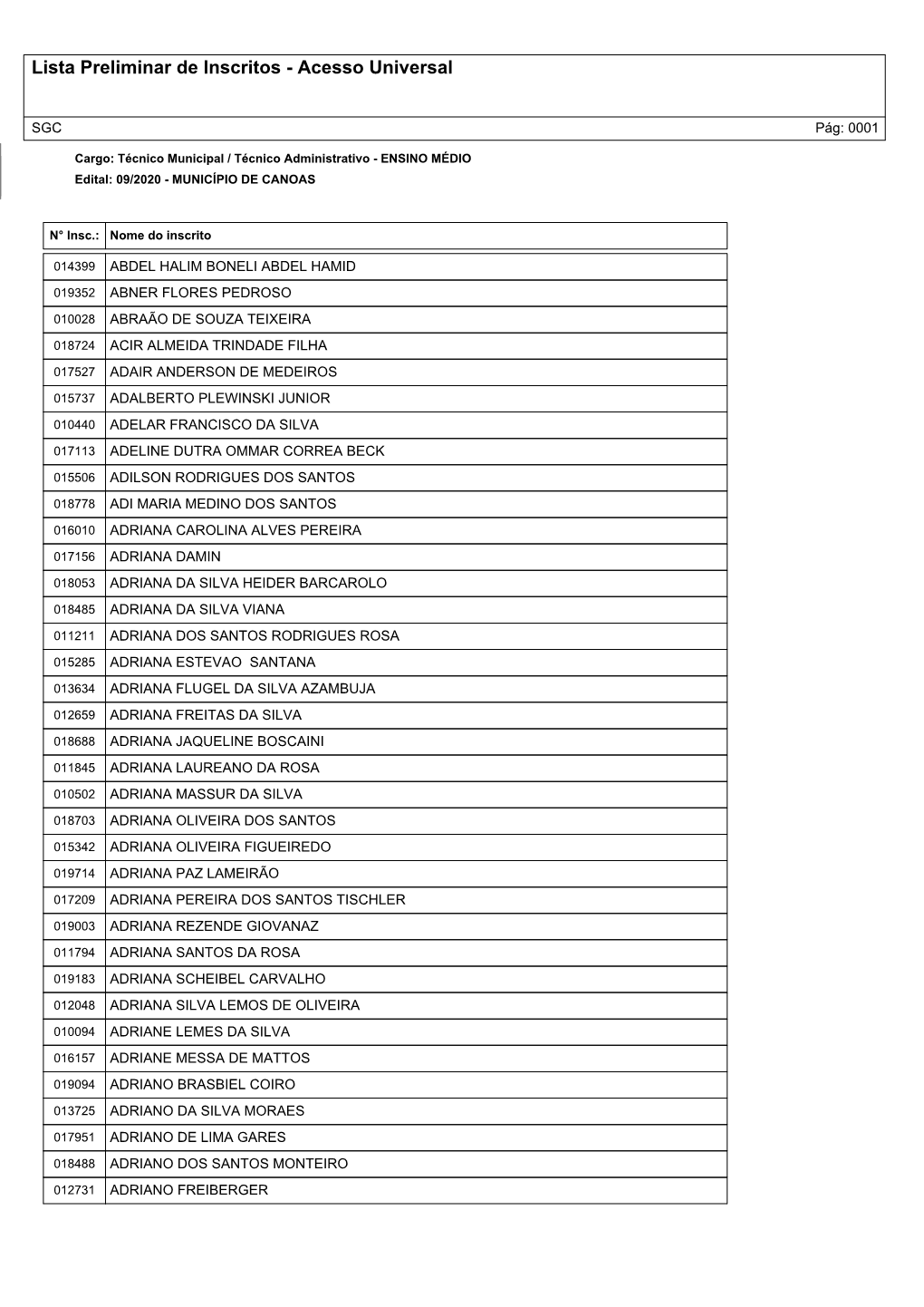 Lista Preliminar De Inscritos - Acesso Universal